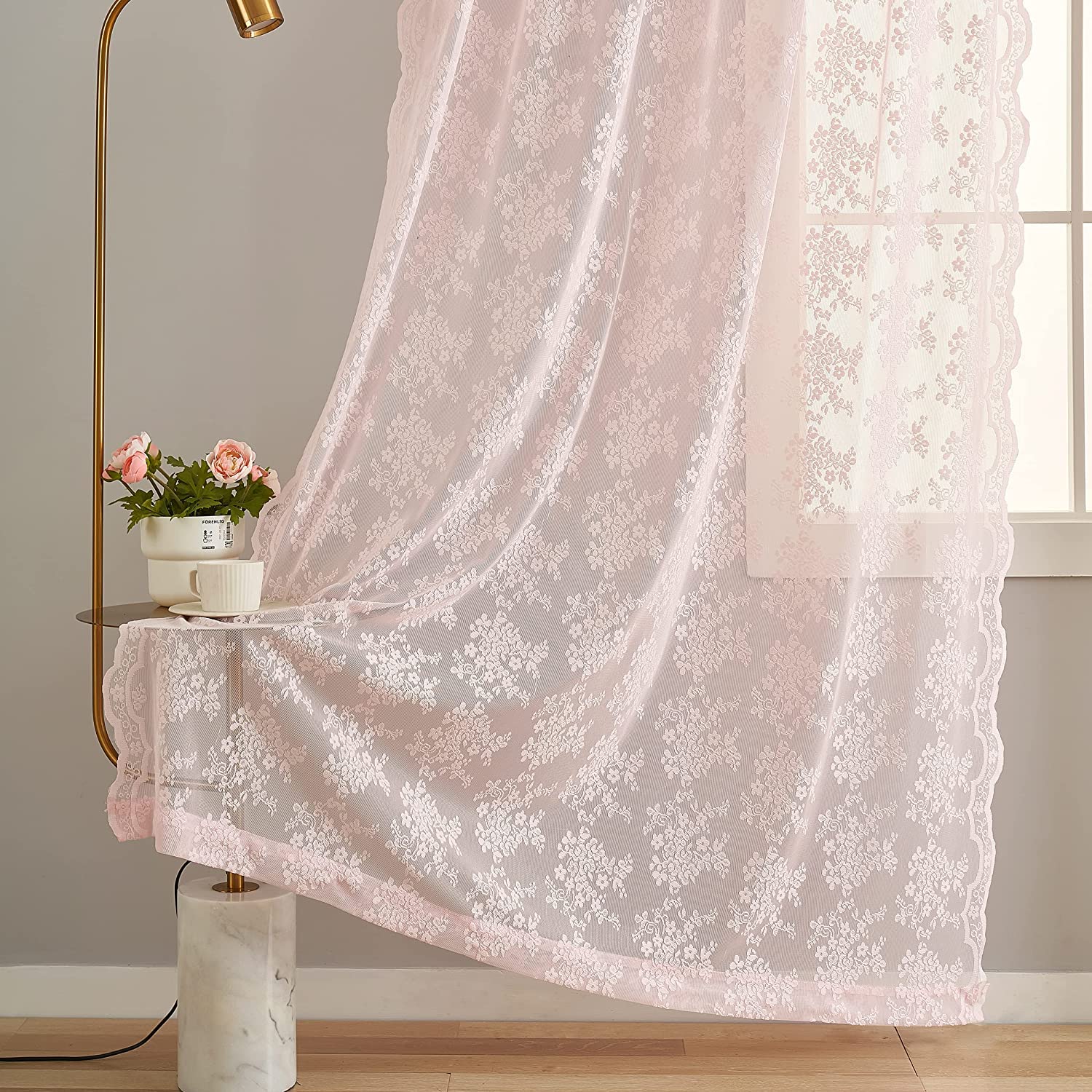 Pink Sheer Curtains 2 Panels Set 96 Inch Long - Vintage Floral Patterned Elegant Chic Lace Curtain Panels For Girls Baby Window