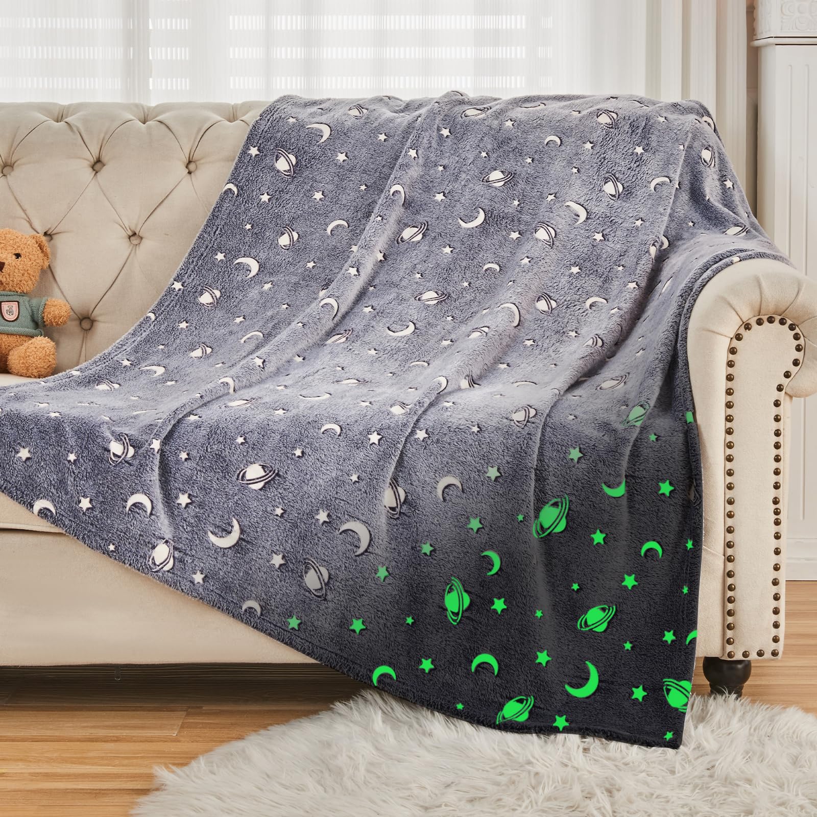 Sochow Glow In The Dark Throw Blanket 50 X 60 Inches, Galaxy Stars Pattern Soft Cozy Flannel Fleece Blanket For Sons Daughters,