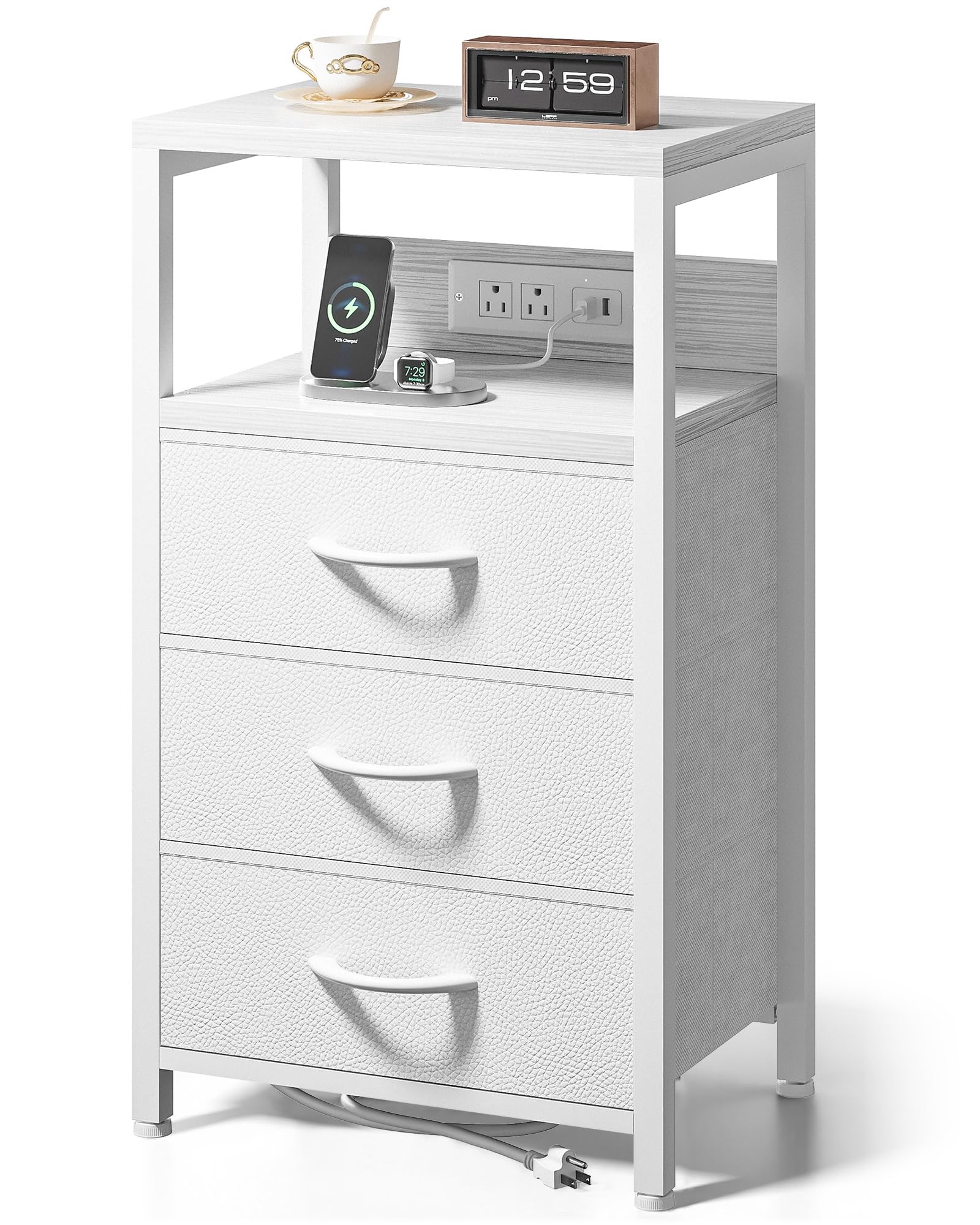 Lazzanto NightStand Bedside Charging Table Bedroom - White Night Stand with Charger Station, USB-C USB Ports & AC Outlets for Do
