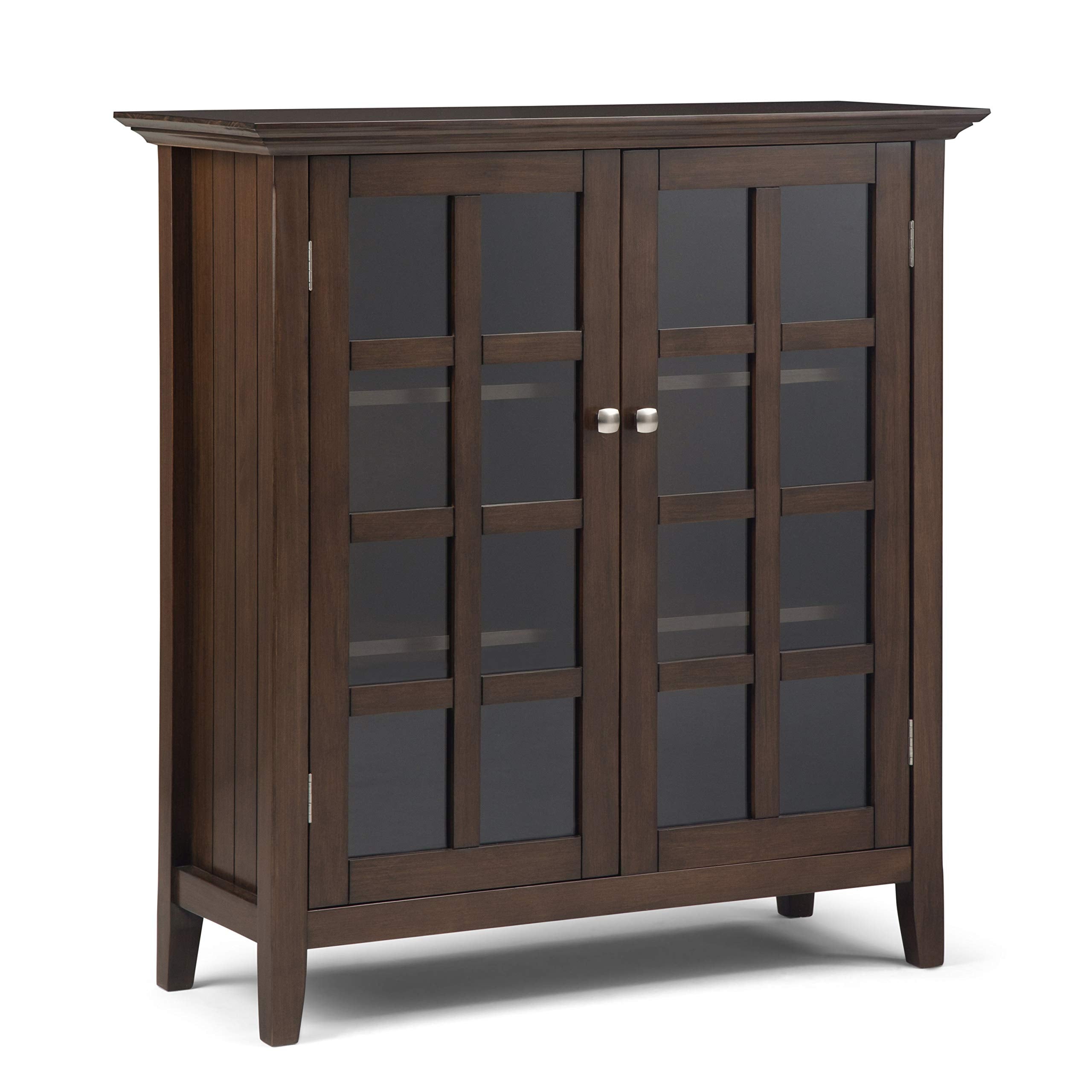 Simplihome Acadian Solid Wood 39 Inch Wide Transitional Medium Storage Cabinet In Natural Aged Brown, With 2 Tempered Glass Door