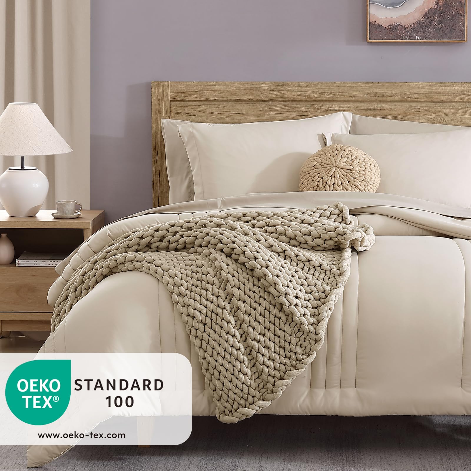 Monbix Queen Comforter Set, 7 Pieces Bedding Set with Comforter, Sheets, Pillowcases & Shams, Polyester, Apricot Beige