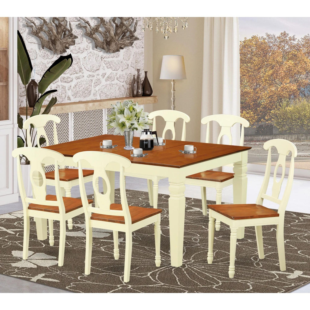 East West Furniture WEKE7-BMK-W 7 Piece Dining Room Table Set Consist of a Rectangle Wooden Table with Butterfly Leaf and 6 Kitchen Dining Chairs, 42x60 Inch, Buttermilk & Cherry