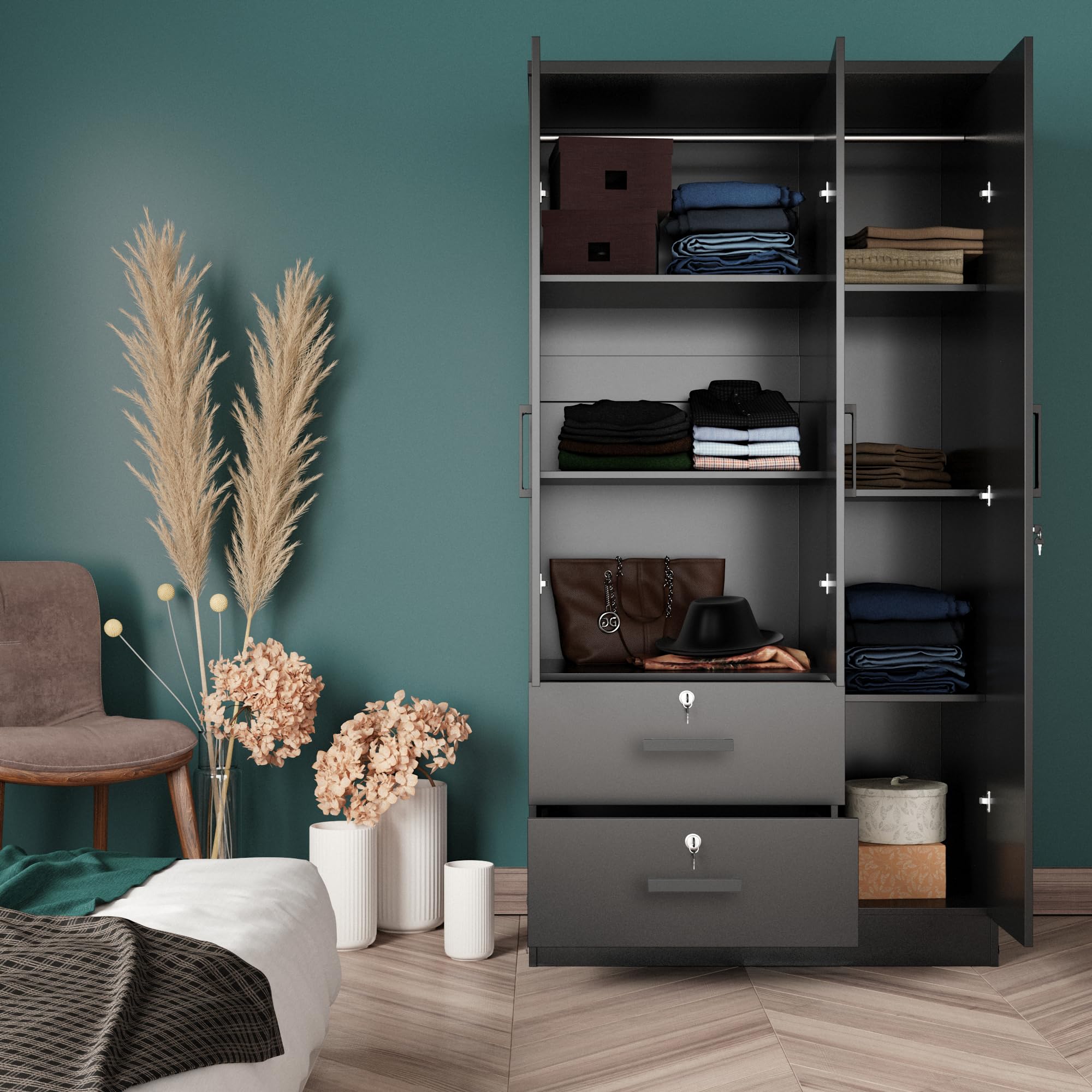 Woodpeckers Furniture And Mattress Symphony Wardrobe Closet with Two Drawers (Black)