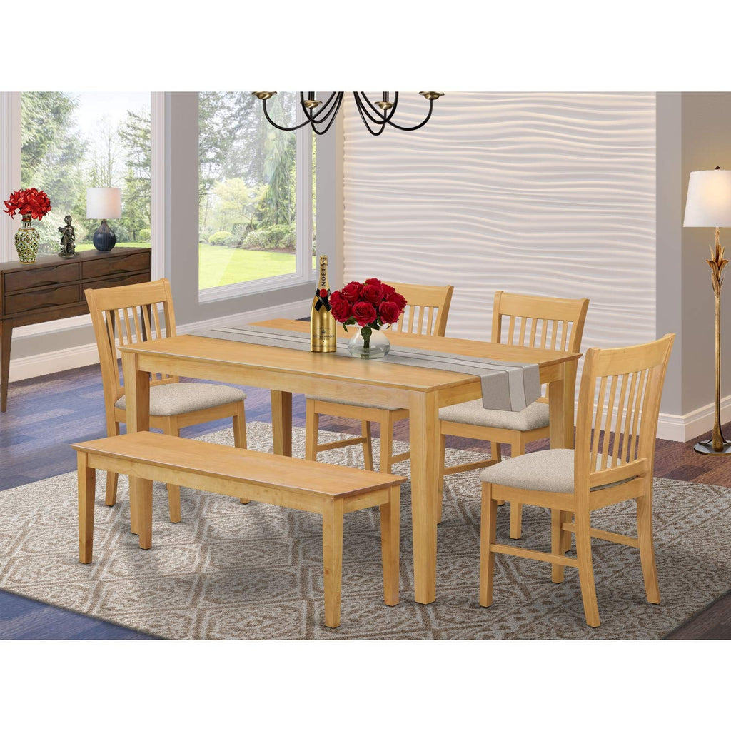 East West Furniture CANO6-OAK-C 6 Piece Kitchen Table & Chairs Set Contains a Rectangle Dining Room Table and 4 Linen Fabric Dining Chairs with a Bench, 36x60 Inch, Oak