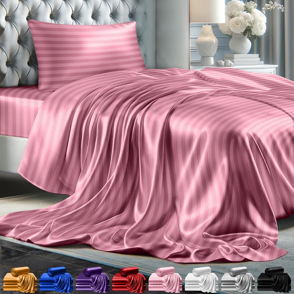 Decolure Satin Bed Sheets - 4 Piece Luxury Silky Full Size Bedding Set - Softer Than Silk, Wrinkle-Free With 15Deep Pocket Fitte