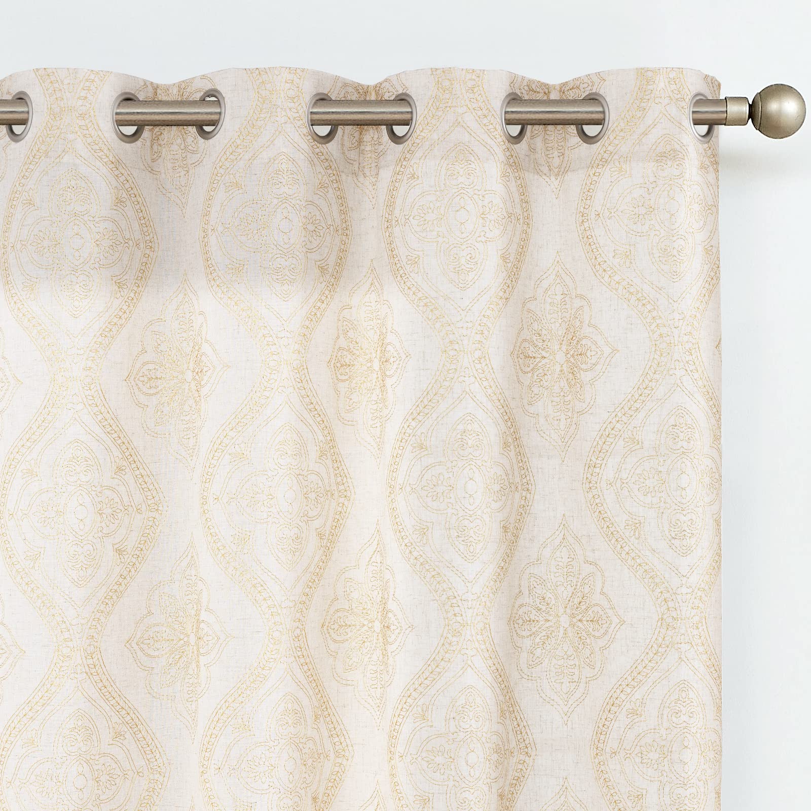 jinchan Boho Linen Curtains for Living Room Embroidered Design Window Curtains Light Filtering Flax Linen Blend Window Treatment