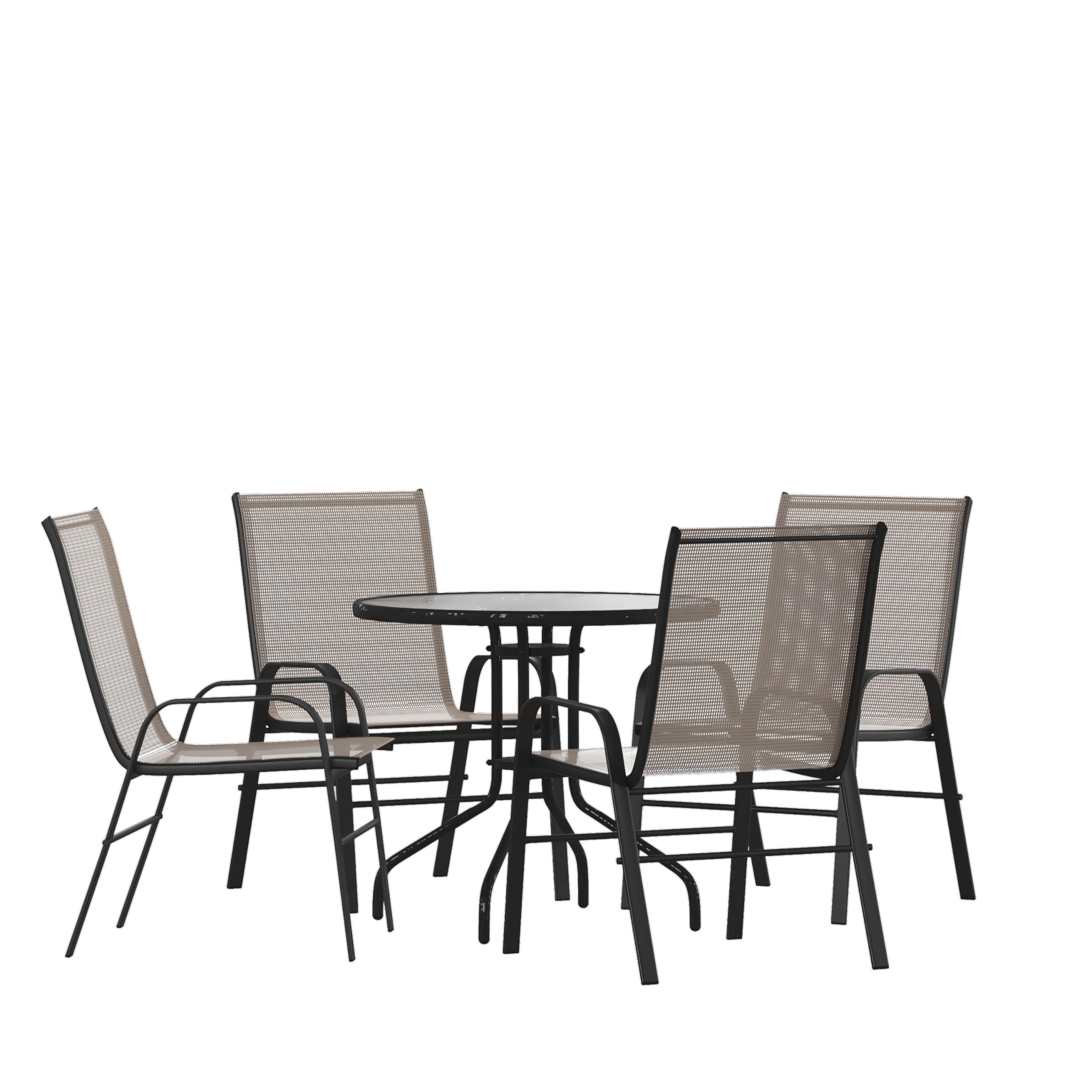 Flash Furniture Brazos 5 Piece Outdoor Patio Dining Set - 4 Brown Flex Comfort Stack Chairs - 31.5&Quot; Round Tempered Glass Patio Table