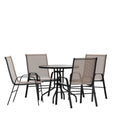 Flash Furniture Brazos 5 Piece Outdoor Patio Dining Set - 4 Brown Flex Comfort Stack Chairs - 31.5 Round Tempered Glass Patio Ta