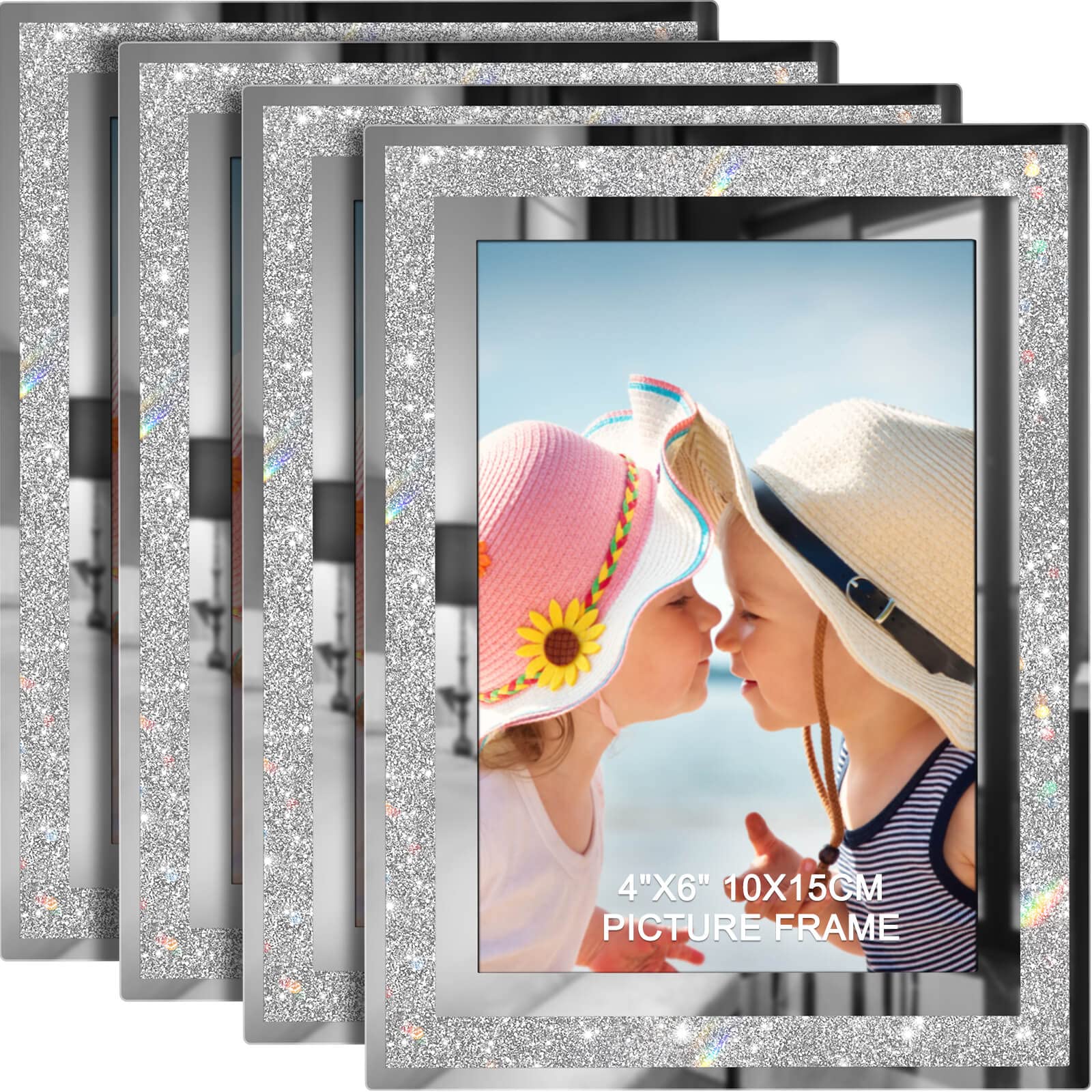 IZIDDO 4x6 Picture Frames Set of 4, Glitter Glass Photo Frame for Tabletop Display, Gift Picture Frame, Horizontally or Vertical