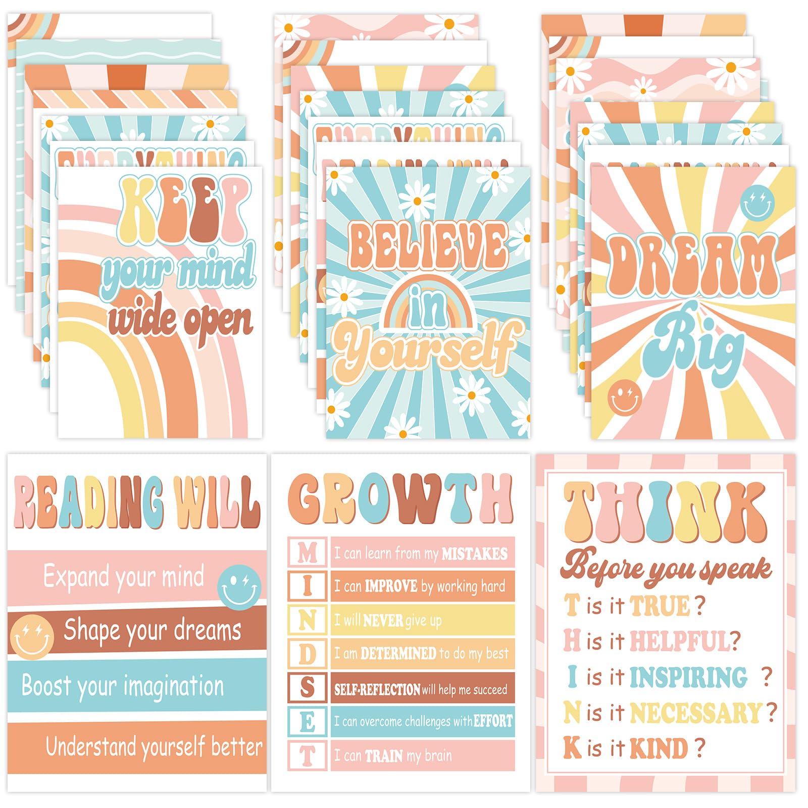 Zoiiwa 12 Retro Groovy Classroom Decorations Posters Groovy Hippie Bulletin Board Set Back To School Retro Growth Mindset Poster