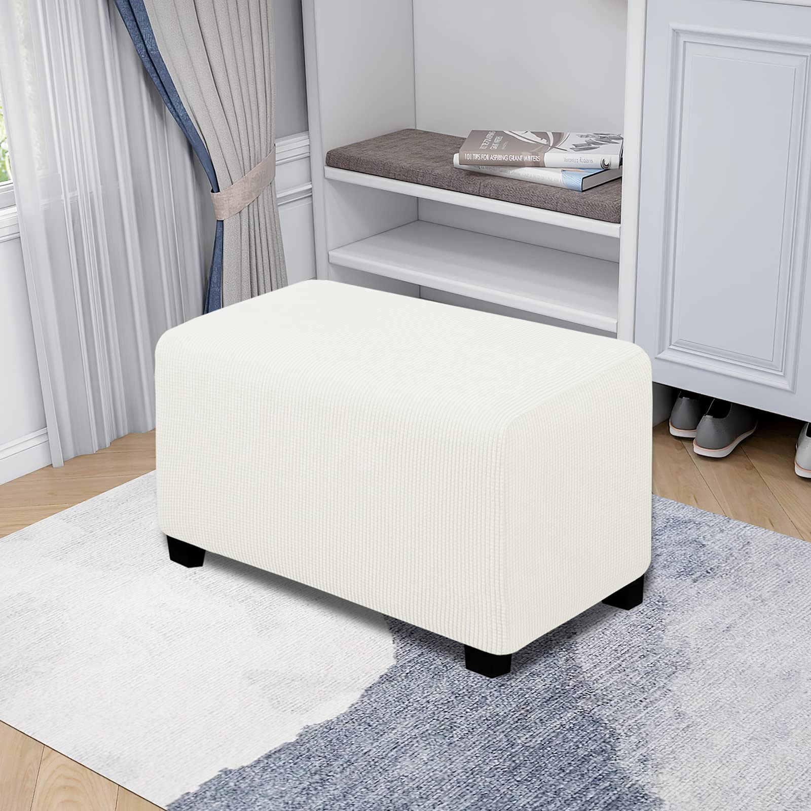 Easy-Going Stretch Ottoman Cover Folding Storage Stool Furniture Protector Soft Rectangle Slipcover With Elastic Bottom (Ottoman Small,Cream)