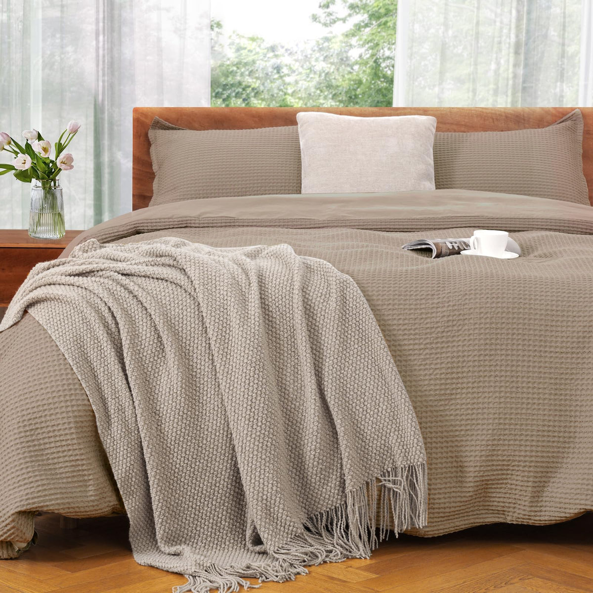 Valuxe Duvet Cover Set Queen Size 100% Cotton,Khaki Waffle Weave Soft And Breathable 3 Pcs Bedding Set (1 Duvet Cover And 2 Pill