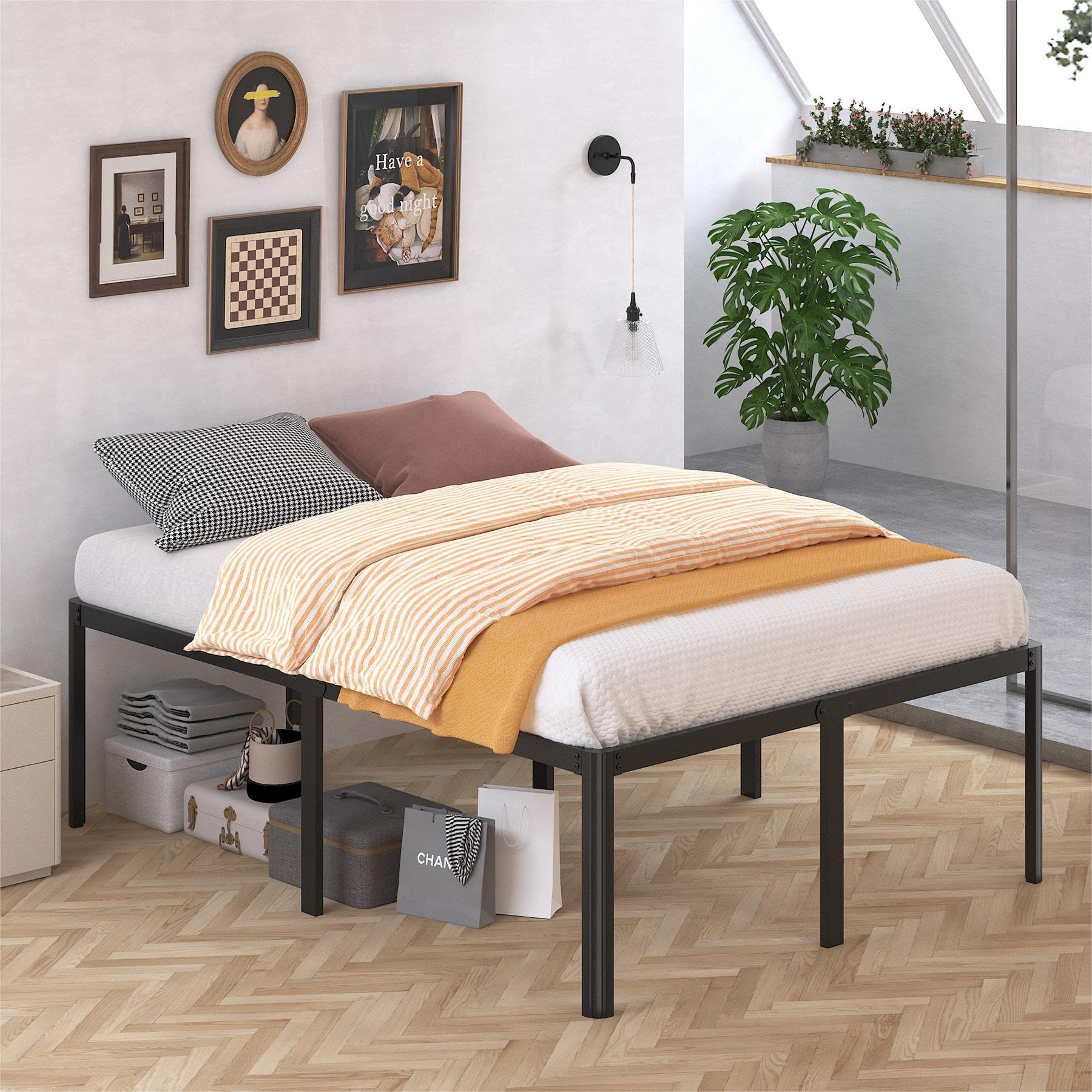 Likelalaso 24 Inch High Queen Bed Frame with Rounded Corner, Heavy Duty Metal Bed Frame Queen Size Under-Bed Storage Space, No B
