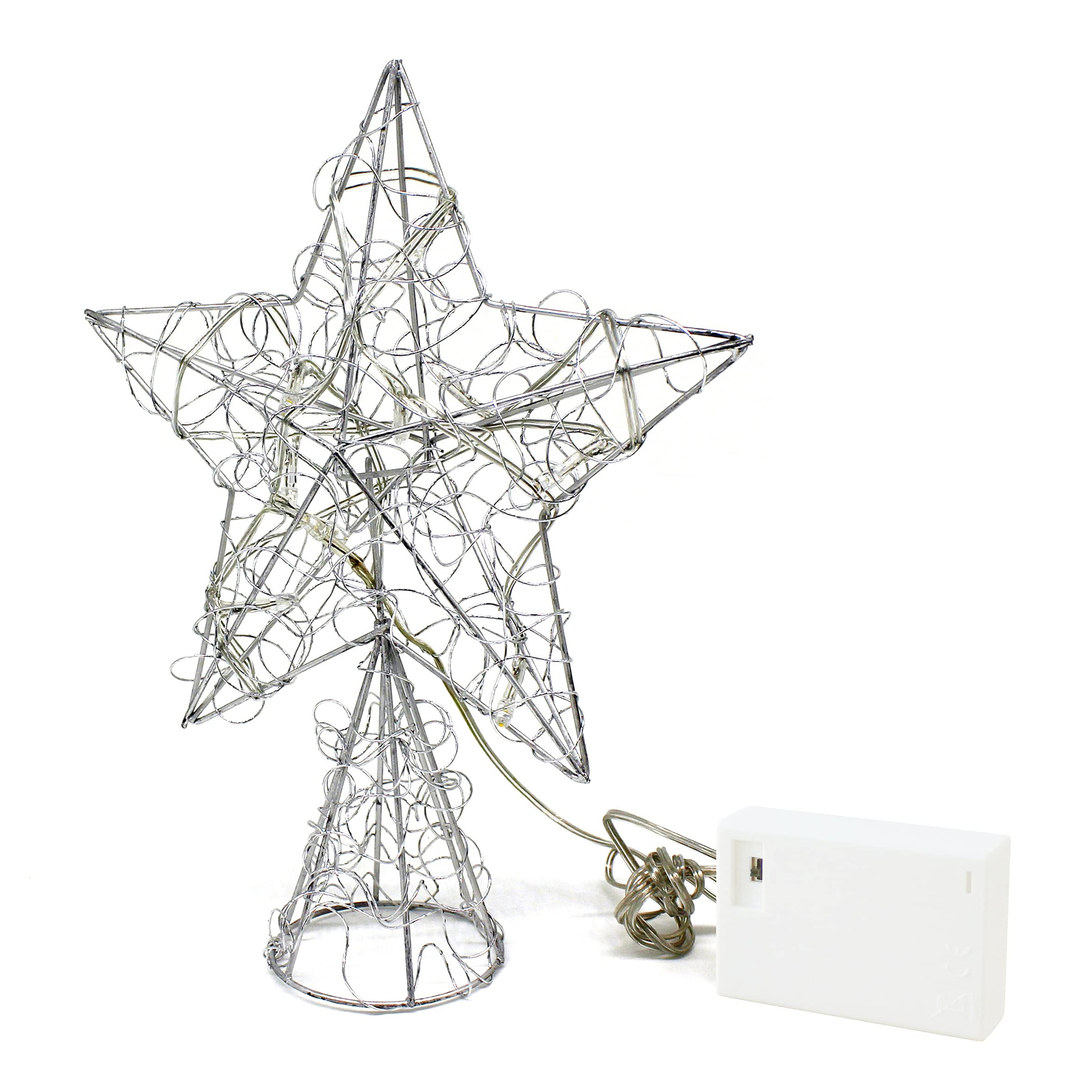 CVHOMEDECO. Silver Wire Twine Tree Top Star with Bright White LED Lights and Timer for Christmas Ornaments and Holiday Seasonal 