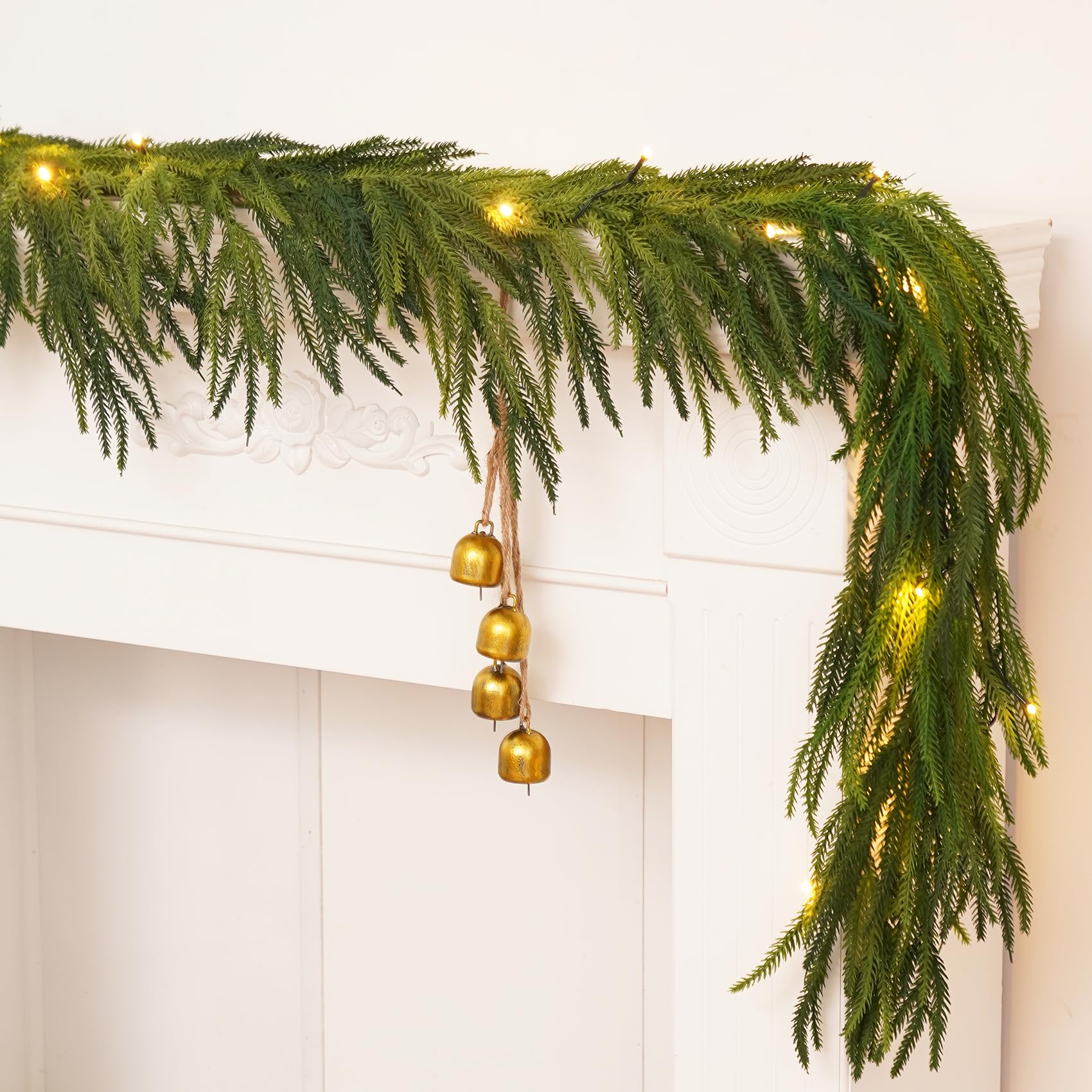 Christmas Garlands Norfolk Pine Garland, 6Ft Artificial Faux Greenery Garland Cedar Garland with Lights,8 Lighting Modes,Timer, 