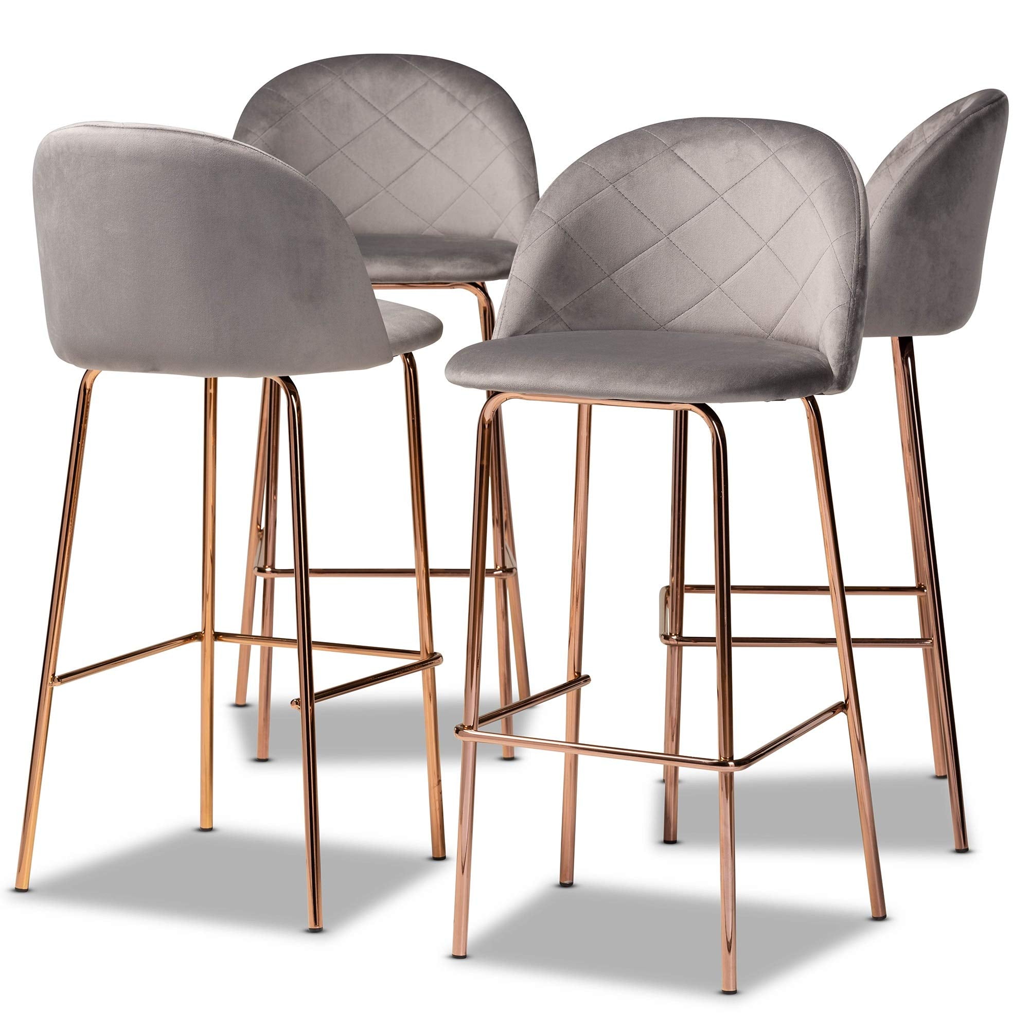 Baxton Studio Addie Luxe and Glam Grey Velvet Fabric Upholstered and Rose Gold Finished 4-Piece Bar Stool Set