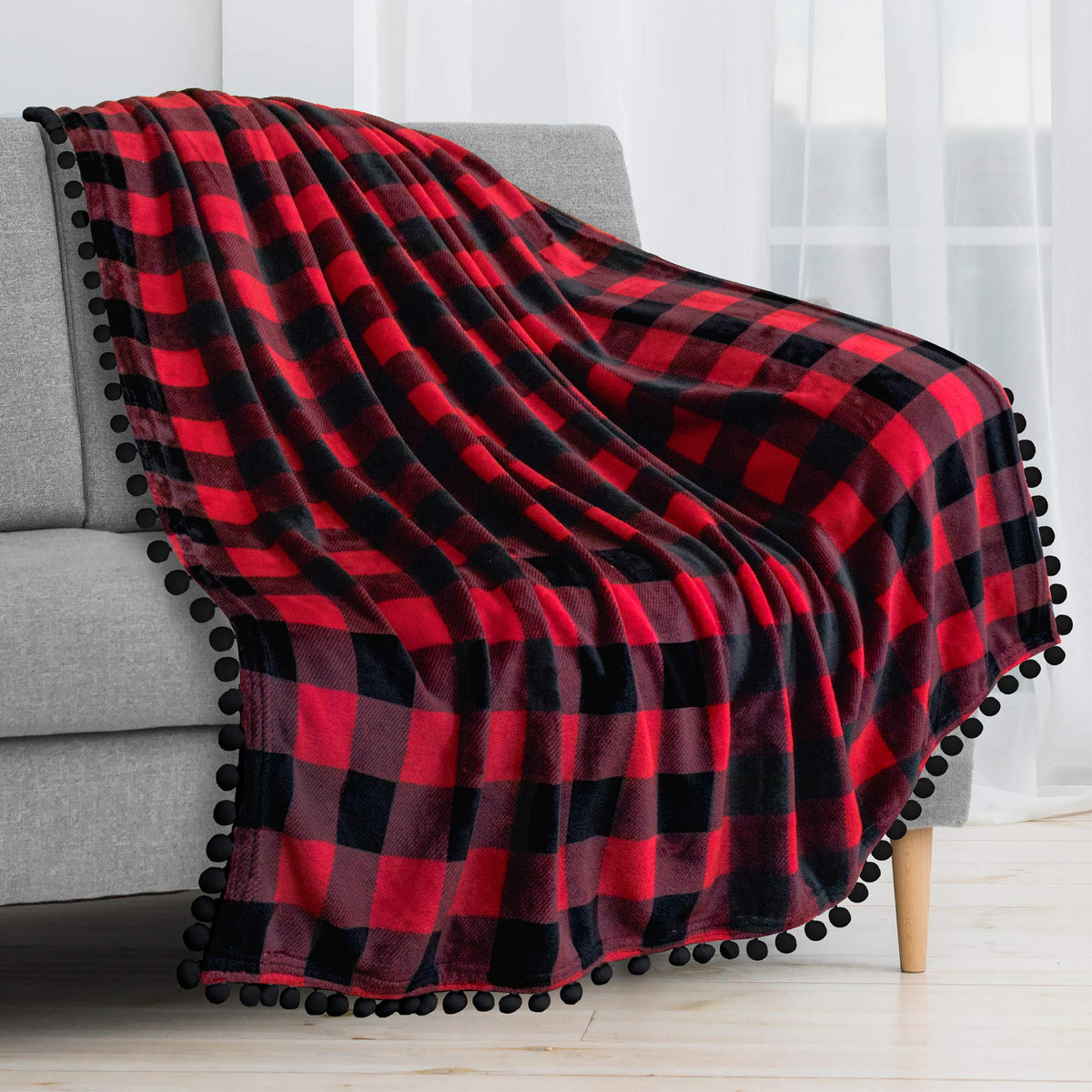 Pavilia Pom Pom Blanket Throw, Buffalo Plaid Red Black Check | Soft Fleece Pompom Fringe Blanket For Couch Bed Sofa | Decorative