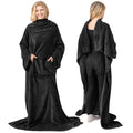 Pavilia Black Fleece Wearable Blanket With Sleeves For Adults Women Men, Soft Warm Full Body Wrap Throw, Sweatshirt Pocket, Cozy