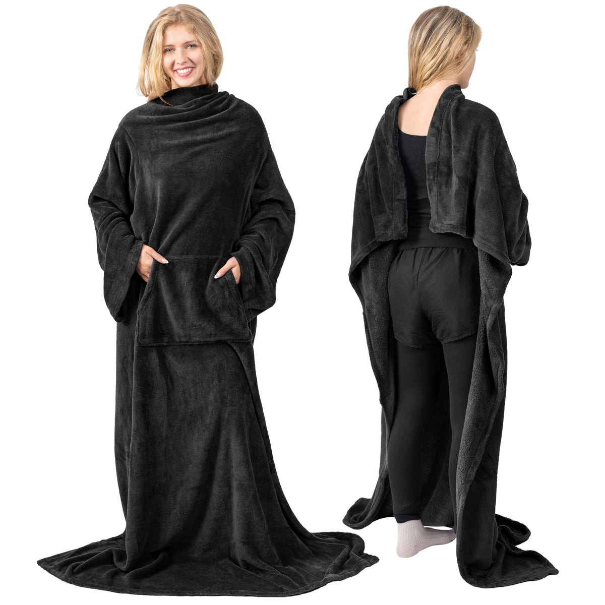 Pavilia Black Fleece Wearable Blanket With Sleeves For Adults Women Men, Soft Warm Full Body Wrap Throw, Sweatshirt Pocket, Cozy