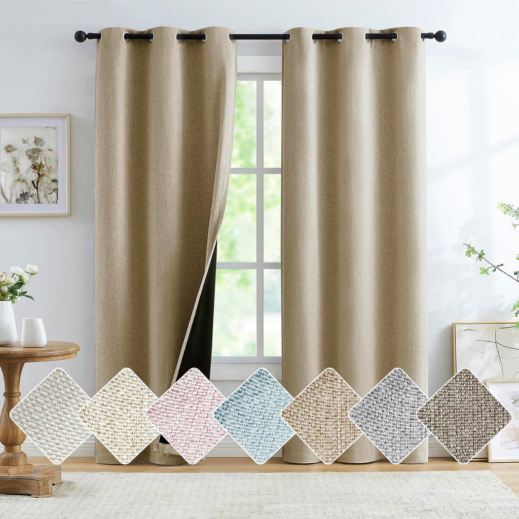 Brown Total Blackout Linen Textured Window Curtains Panels Burlap Texture Rustic Farmhouse Modern Bedroom Drapes Thermal Insulat