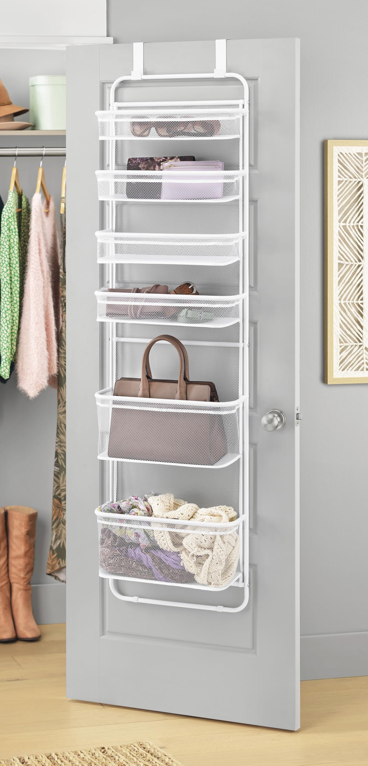 Whitmor Over The Door Organizer - 6 Sections - Pantry, Bathroom, Accessory Organizer - Metal And Mesh - White