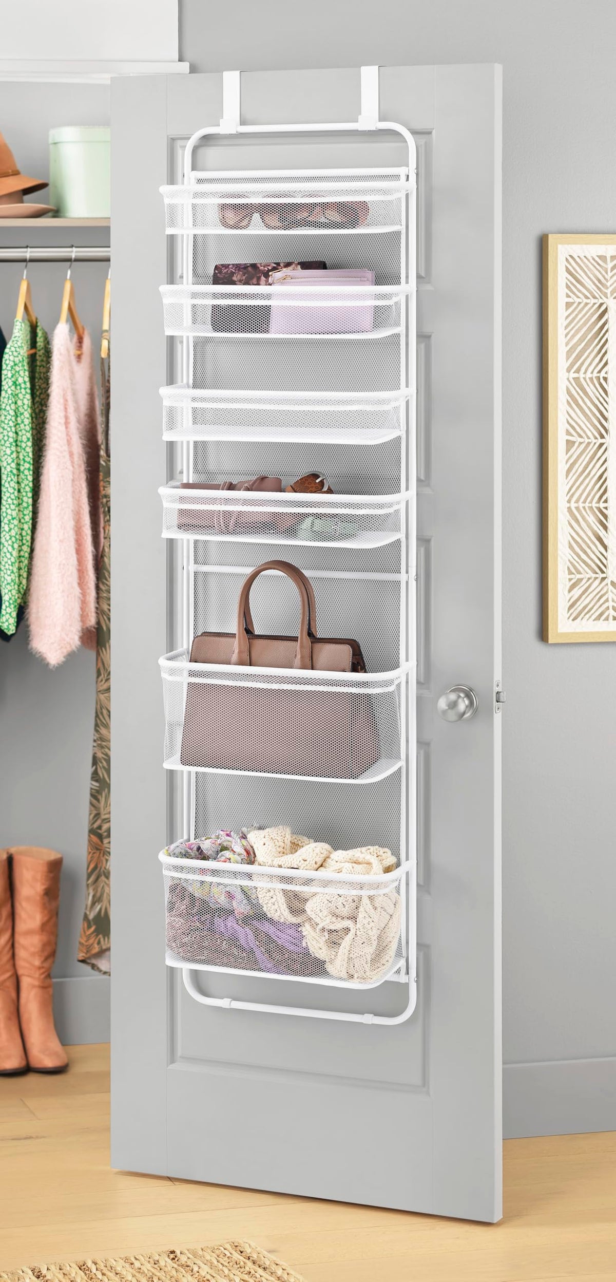 Whitmor Over The Door Organizer - 6 Sections - Pantry, Bathroom, Accessory Organizer - Metal And Mesh - White
