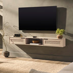 Walker Edison Modern Rattan Flip-Down-Door Wall-Mounted Floating Stand For Tvs Up To 65 Inche, 58 Inch, Coastal Oak