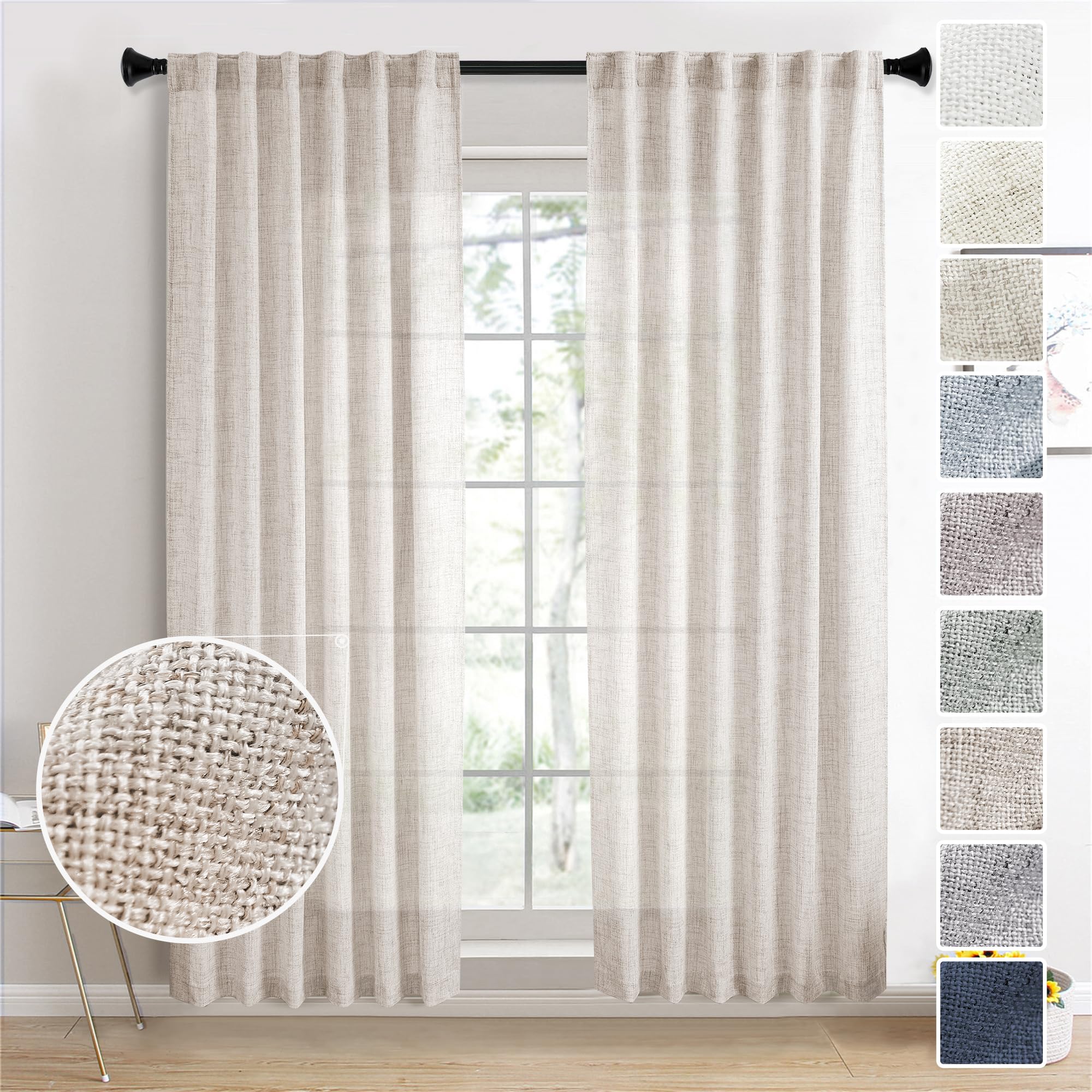 MEETBILY 86 Inch Curtains Semi Sheer Linen Drapes for Living Room 2 Panels Light Filtering Back Tab Farmhouse Traditional Boho A