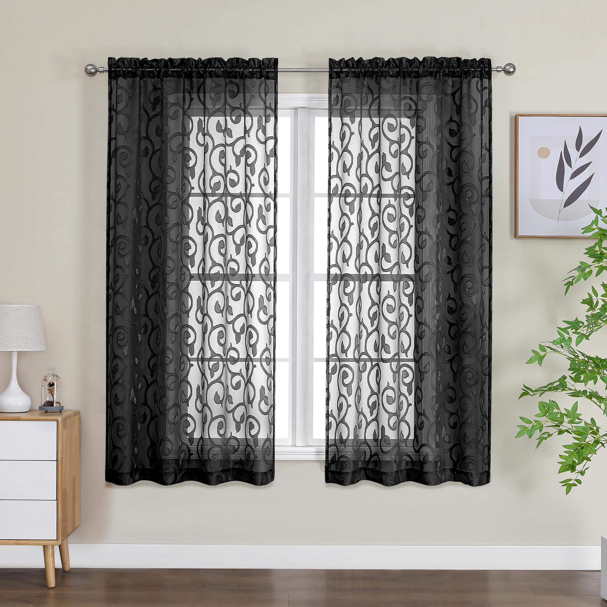 Owenie Furman Sheer Curtains 63 Inch Length For Bedroom Living Room 2 Panels Set, Jacquard Clip Textured Semi Sheer Black Curtai