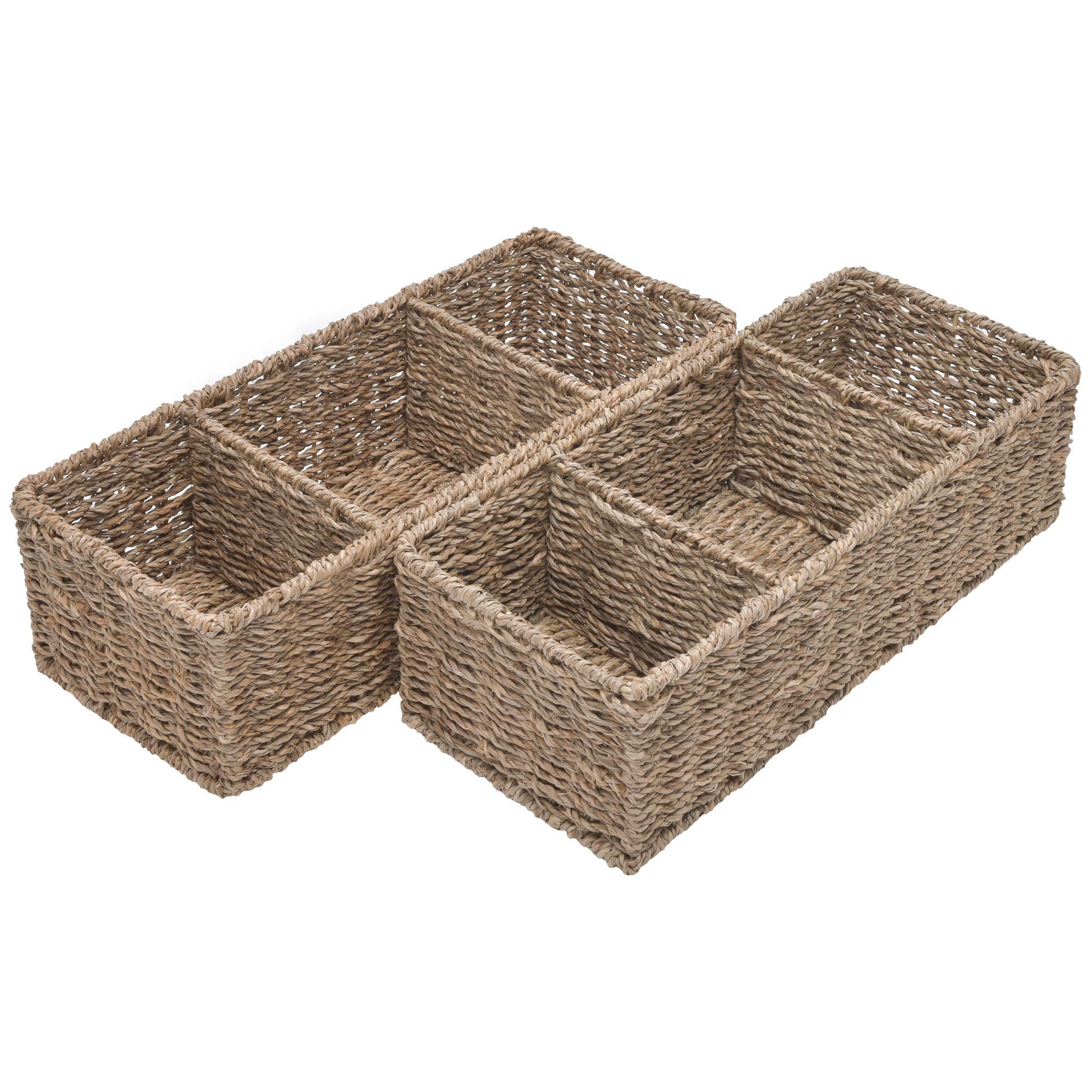 StorageWorks Wicker Toilet Basket Tank Topper, Toilet Paper Basket for Back of Toilet Tank Top, 3-Section Seagrass Storage Baske