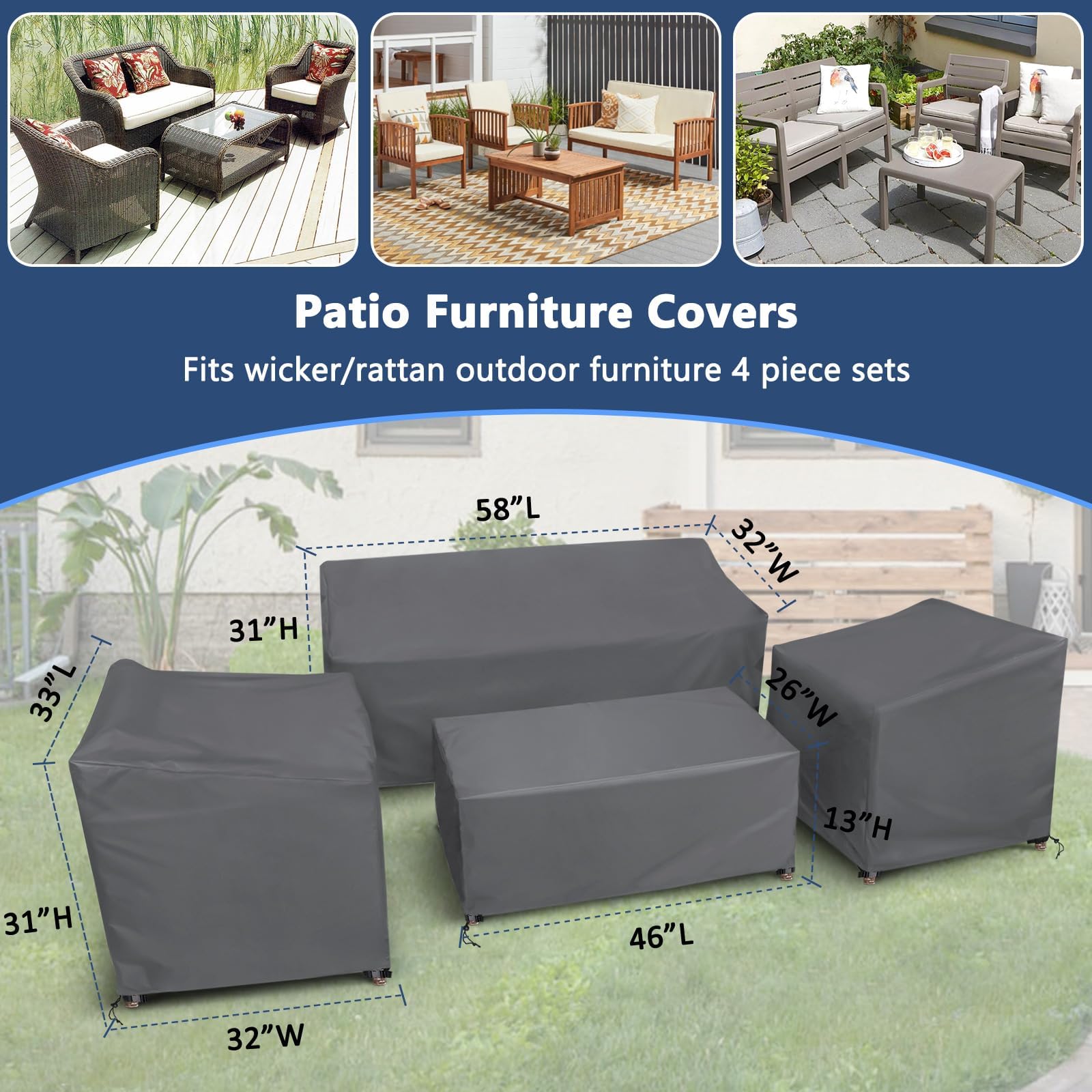Startwo Patio Furniture Covers 4 Piece Set, Heavy Duty Waterproof Outdoor Furniture Cover, Windproof Patio Cover For Rattan Wicker Conversation Set, Patio Furniture Set Cover, Grey,Large