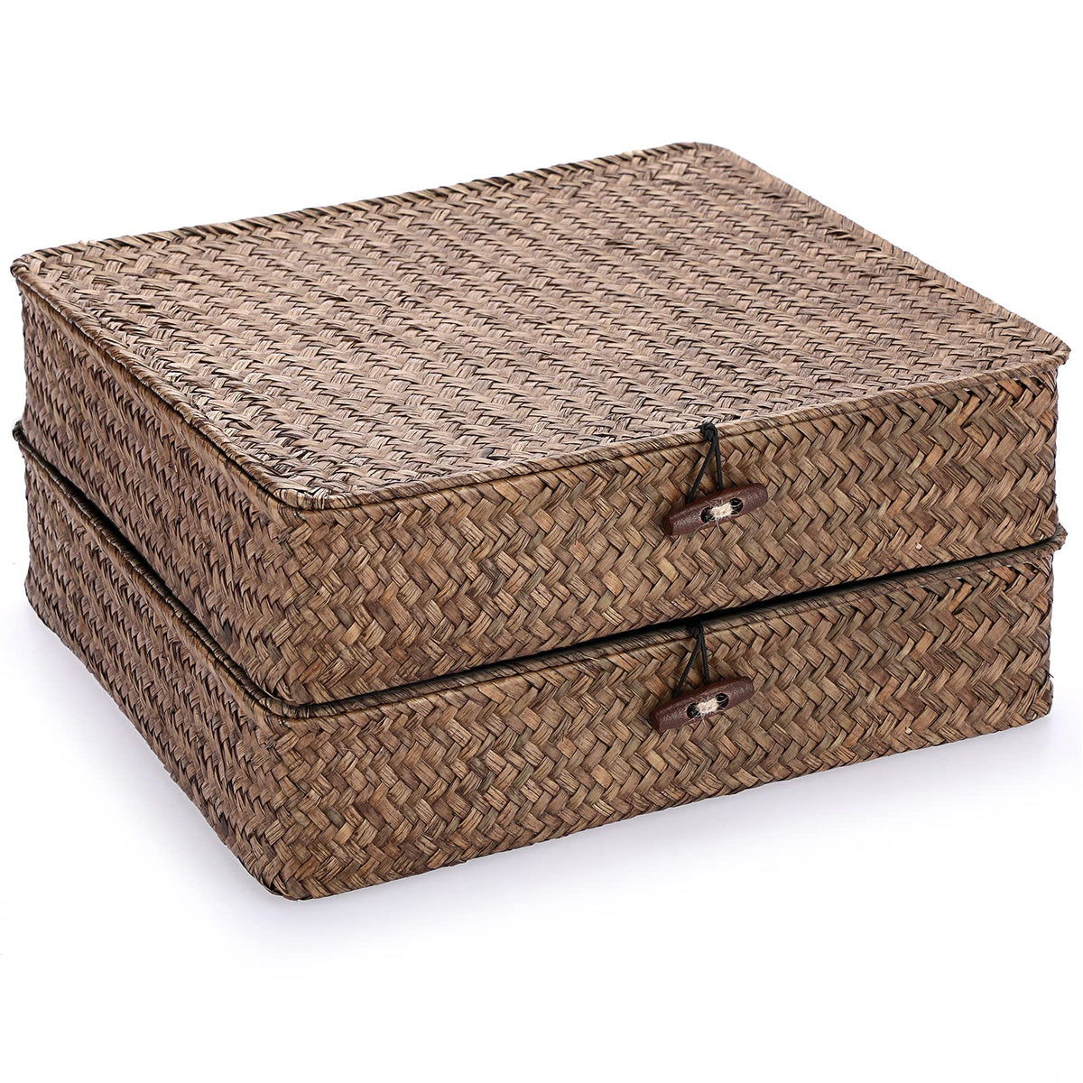 Hipiwe 2 Packs FLat Woven Wicker Basket Bin with Lid, Large Seagrass Baskes