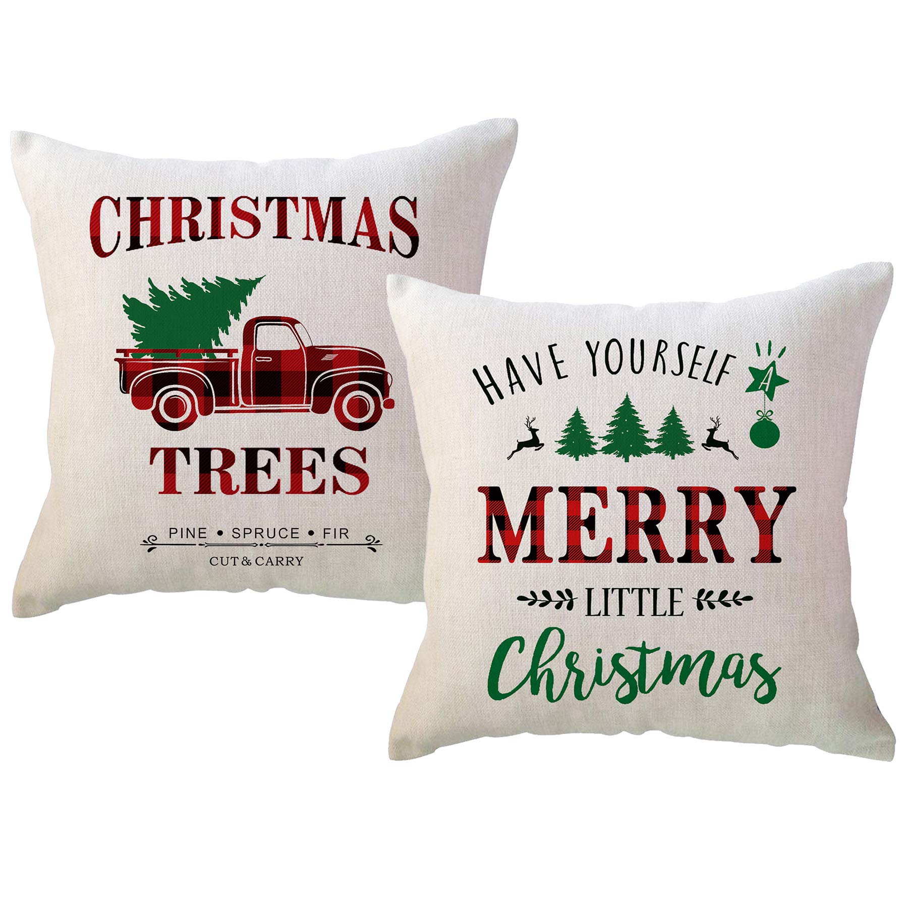 Red/Green Christmas Throw Pillow Covers Have Yourself A Merry Little Christmas With Vintage Xmas Truck Trees Farmhouse Winter Ho