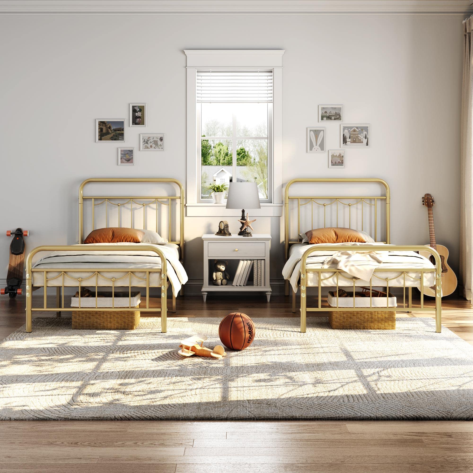 Yaheetech Twin Size Metal Bed Frames With Vintage Headboard And Footboard, Farmhouse Metal Platform Bed, Heavy Duty Steel Slat Support, Ample Under-Bed Storage, No Box Spring Needed, Antique Gold