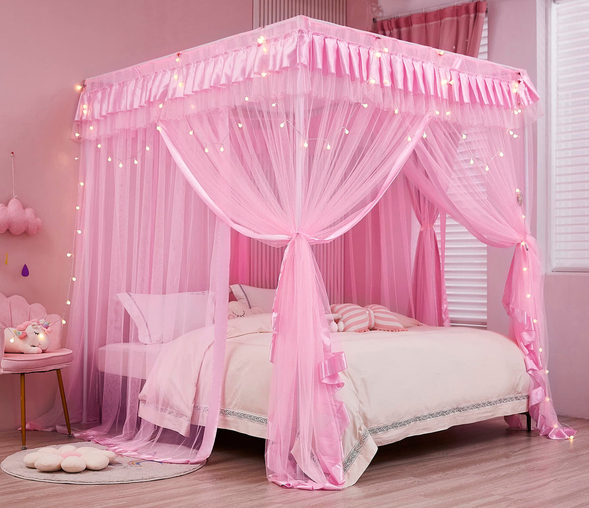 Mengersi Bed Canopy For Girls,Canopy Bed Curtains Cozy Drapes Bed Netting Canopy For Girls Room Decor(Twin Extra Long,Pink)