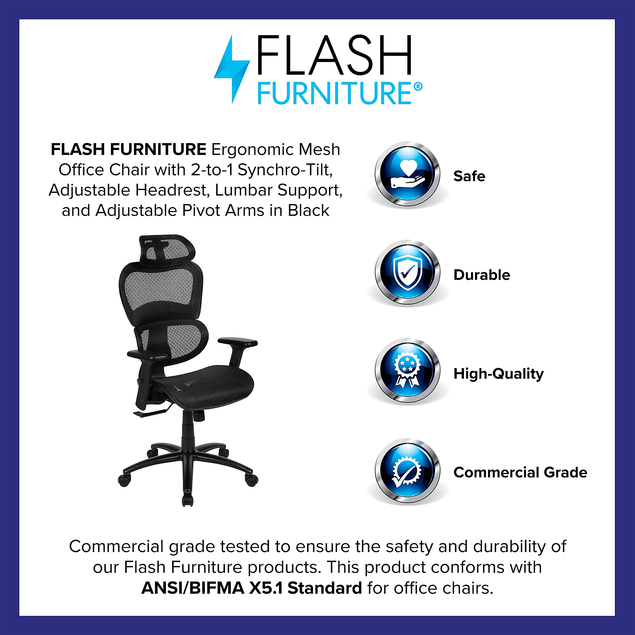 Flash Furniture Lo Ergonomic Mesh Office Chair With 2-To-1 Synchro-Tilt, Adjustable Headrest, Lumbar Support, And Adjustable Pivot Arms In Black