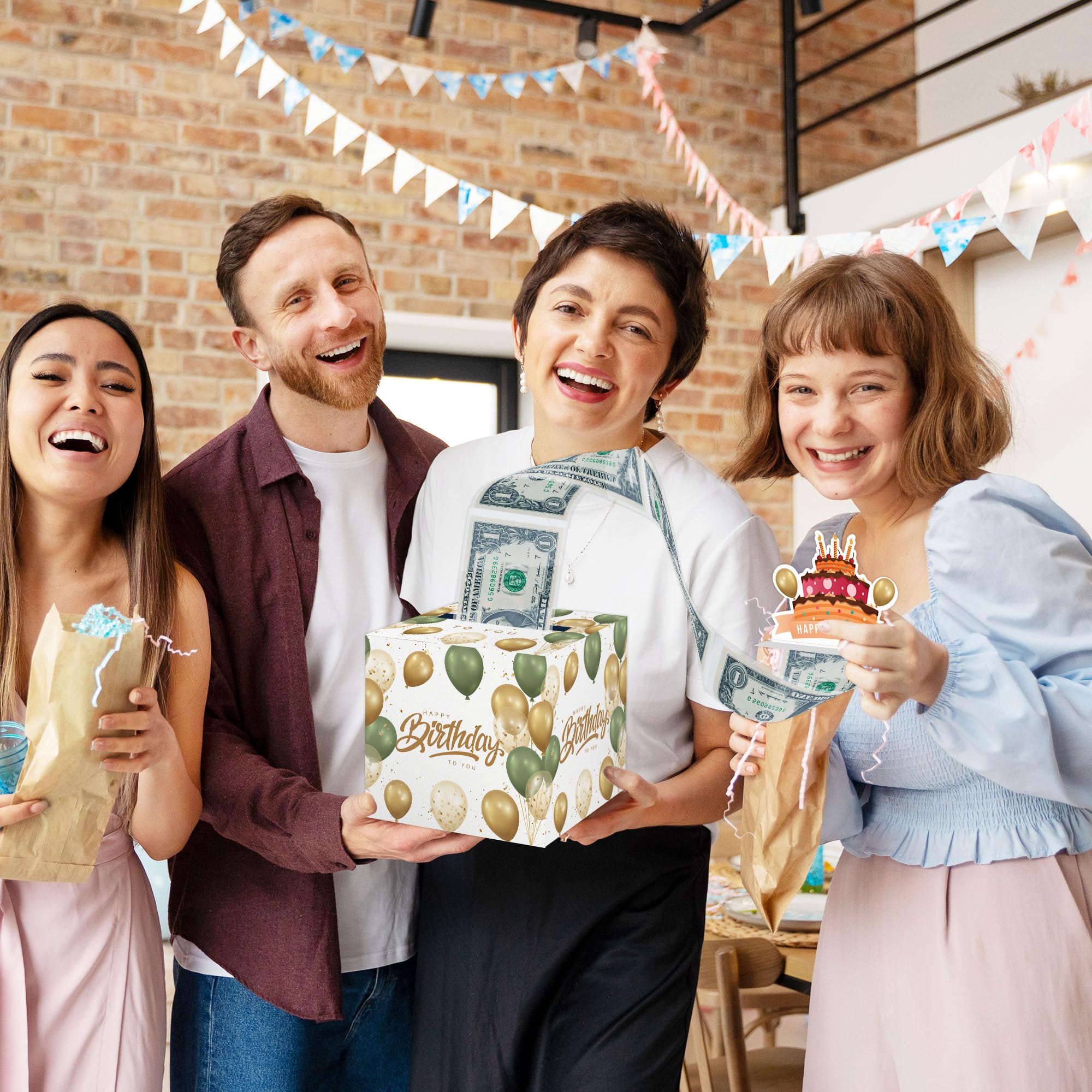 Green Surprise Money Box Gift Pull - Happy Birthday Money Box For Cash Gift Set Included Happy Birthday Card And 35Pcs Transpare