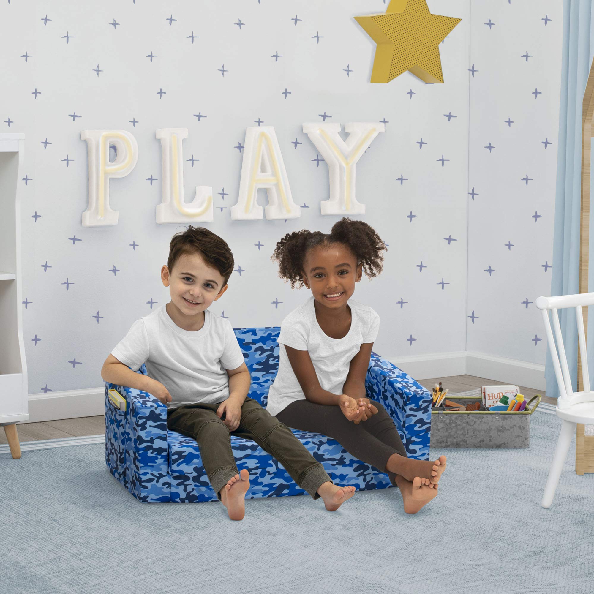 Delta Children Cozee 2-In-1 Extra Wide Convertible Sofa To Lounger-Comfy Flip Open Couch/Sleeper For Kids, Blue Camo