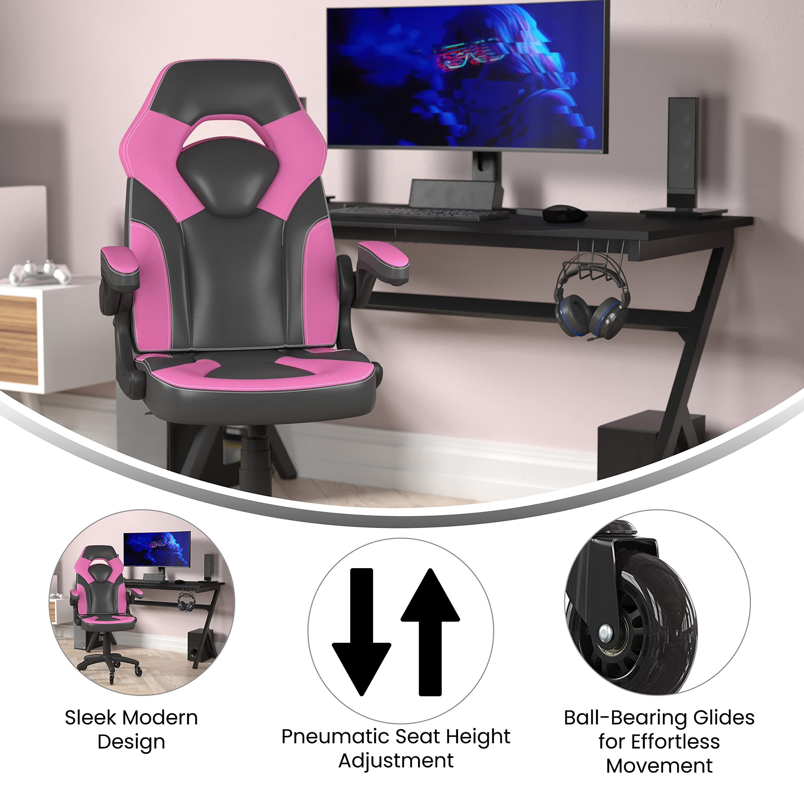 Flash Furniture X10 Gaming Chair Racing Office Computer Pc Adjustable Chair With Flip-Up Arms And Transparent Roller Wheels, Pink/Black Leathersoft