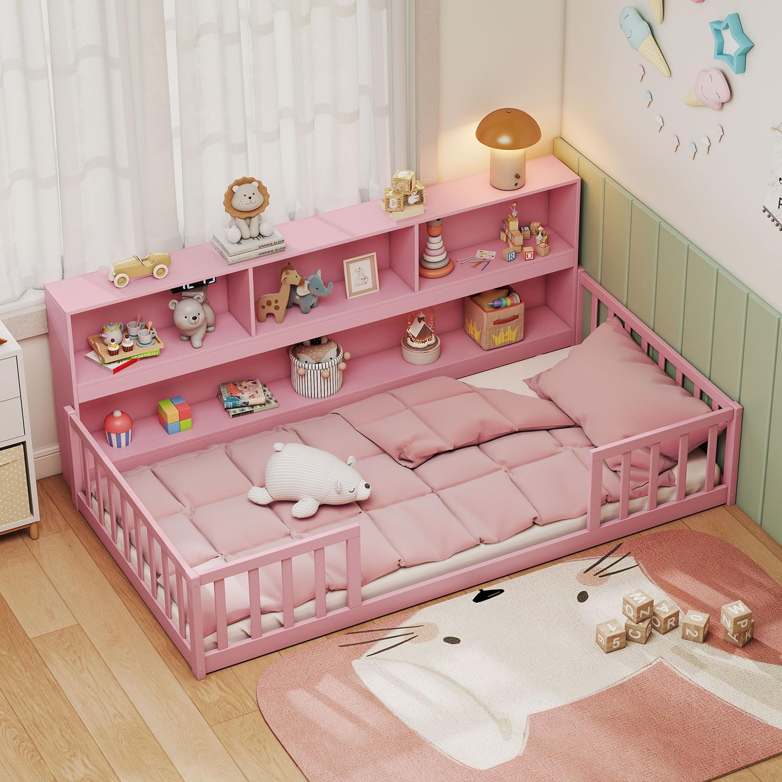 Giantex Twin Floor Bed for Kids, Wooden Montessori Bed Frame with Bookcase, Storage Shelves & Safety Fence Rails, Floor Beds Twi