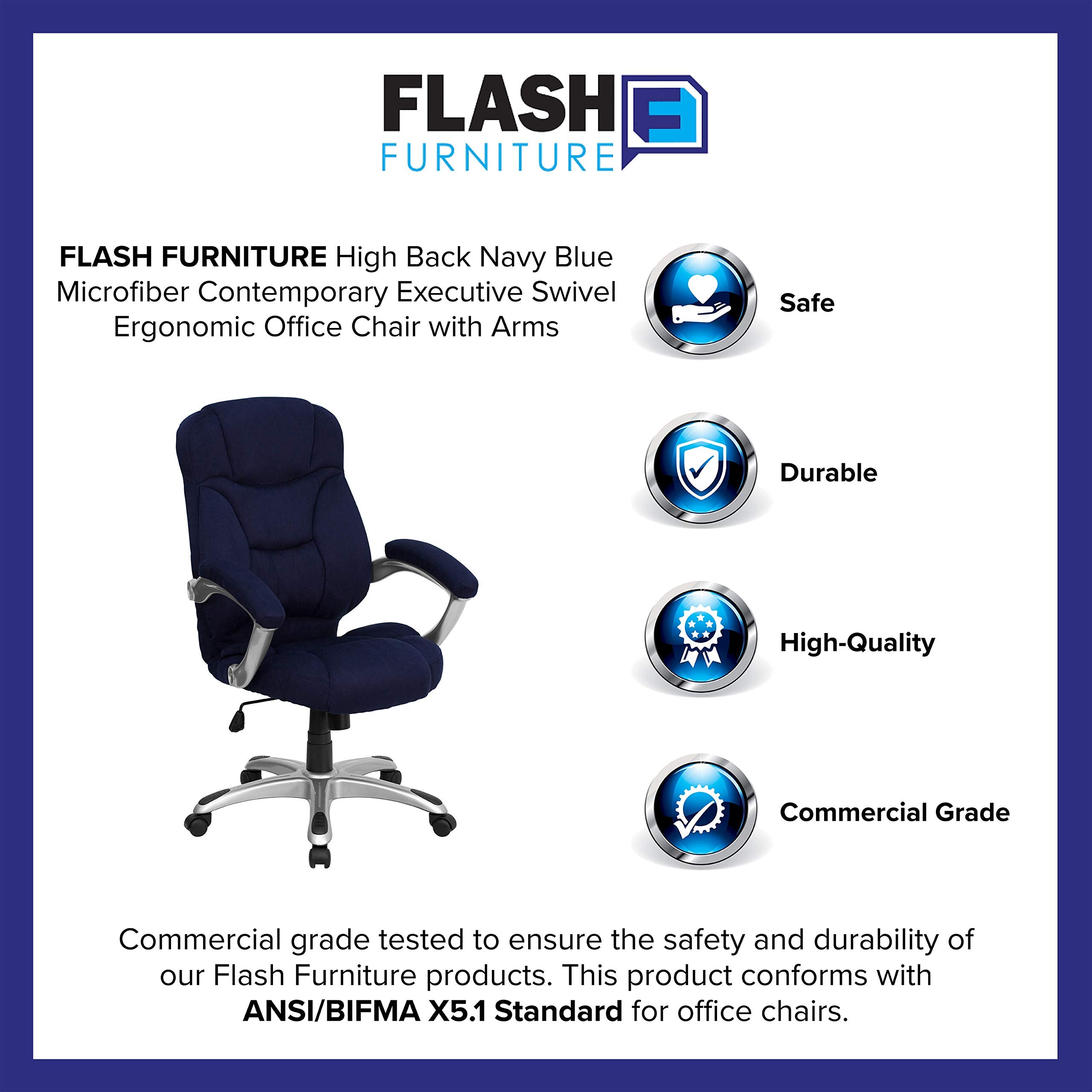 Flash Furniture Jessie High Back Navy Blue Microfiber Contemporary Executive Swivel Ergonomic Office Chair with Arms