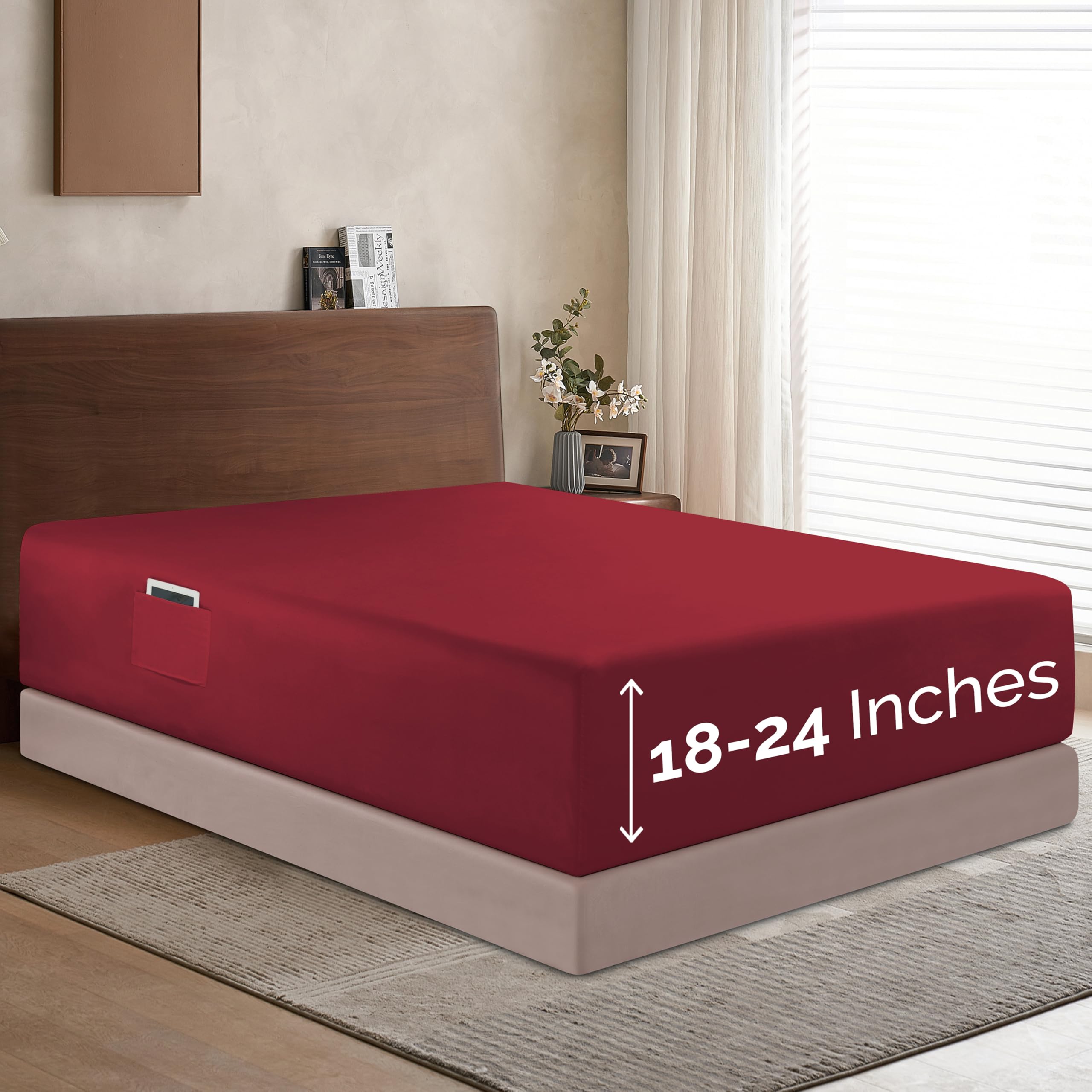 Elegant Comfort 1500 Premium Hotel Quality 18-24 Inches Deep - Extra Deep Pocket Single Fitted Sheet For High Mattress, Luxury And Softest, Smart Pocket - Wrinkle Free, Full, Burgundy