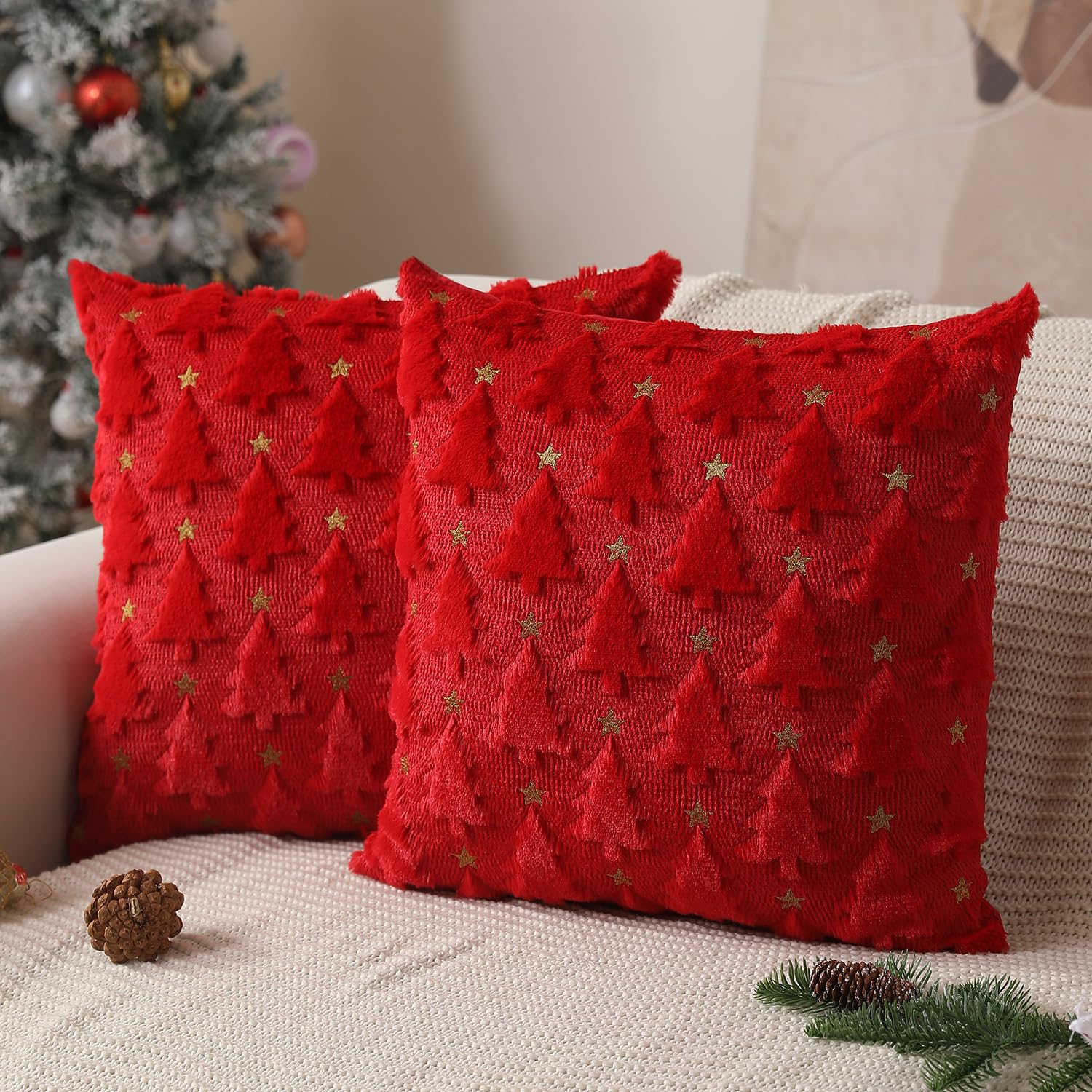 Allorry Christmas Pillow Covers 18 X 18 Inch Set Of 2 Red Christmas Tree Pillow Covers Decorations Plush Faux Fur Soft Cushion C