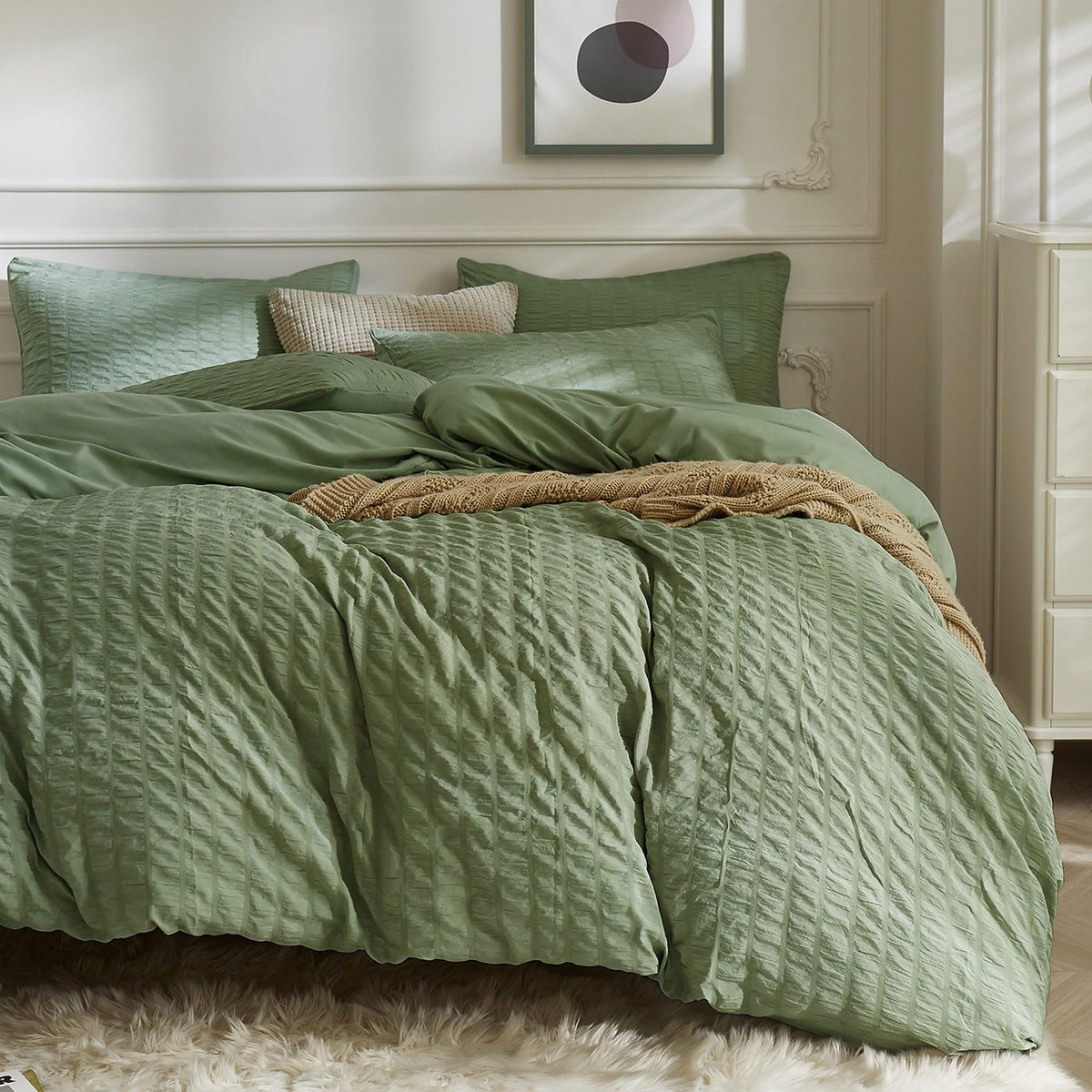 Jellymoni Dark Green Duvet Cover Queen Size, 3Pcs Washed Microfiber Bedding Set, Soft Breathable Seersucker Duvet Cover Set With