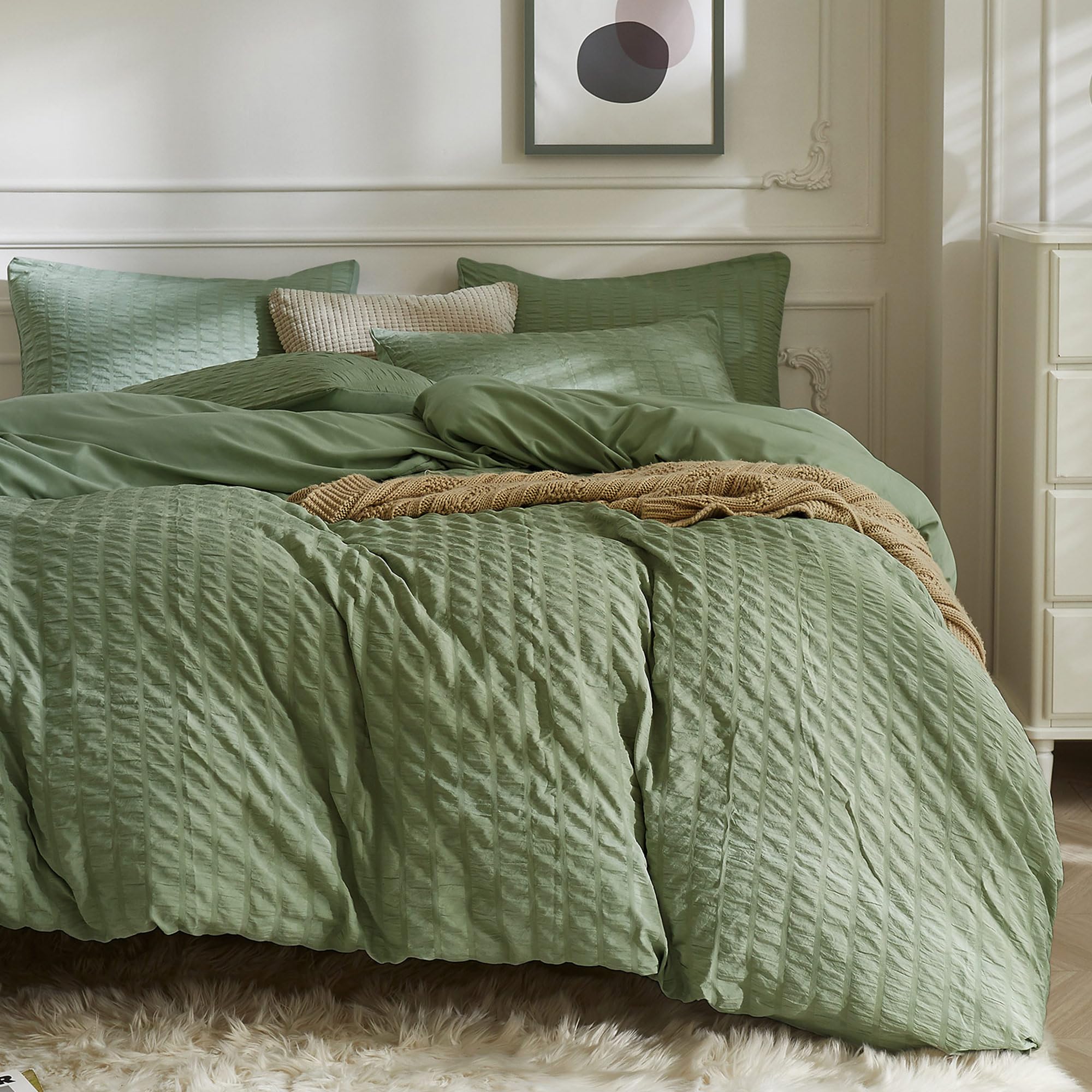 Jellymoni Dark Green Duvet Cover Queen Size, 3Pcs Washed Microfiber Bedding Set, Soft Breathable Seersucker Duvet Cover Set With
