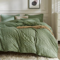 Jellymoni Dark Green Duvet Cover Full Size, 3Pcs Washed Microfiber Bedding Set, Soft Breathable Seersucker Duvet Cover Set With