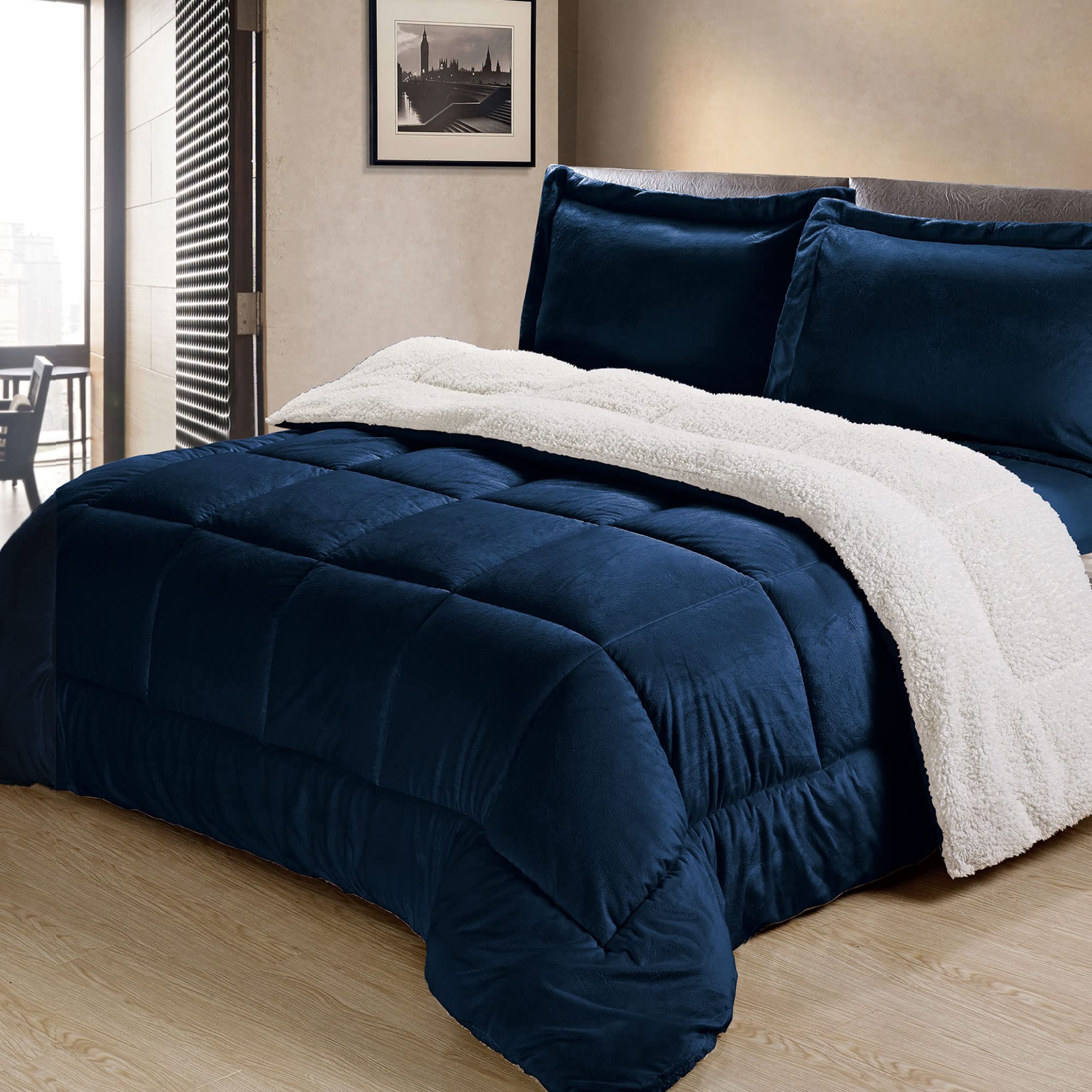 Cathay Home Twin Comforter Set: Ultra Soft And Plush Reversible Micromink And Sherpa 2-Piece Bedding Set, Navy, Twin (66' X 86'