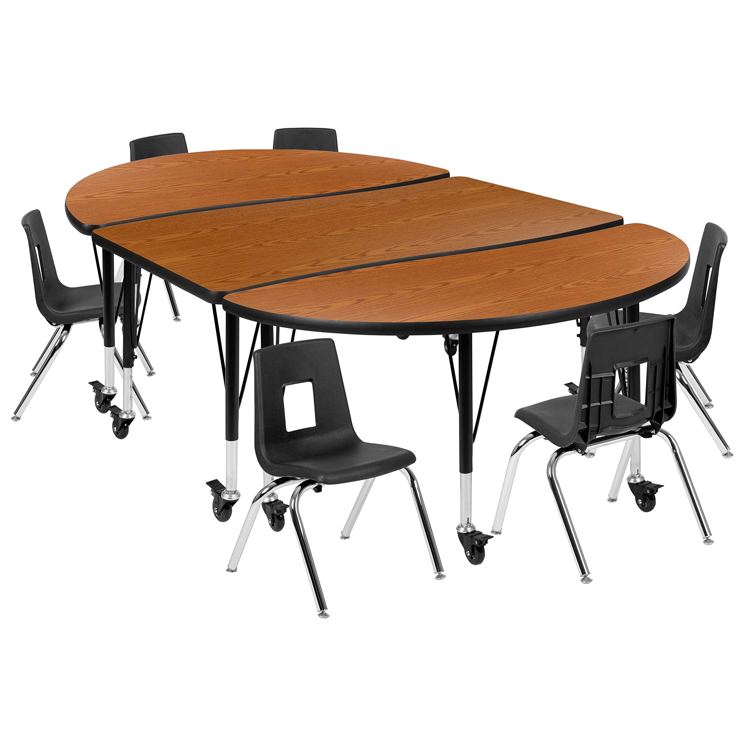 Flash Furniture Mobile 76' Oval Wave Collaborative Laminate Activity Table Set With 12' Student Stack Chairs, Oak/Black