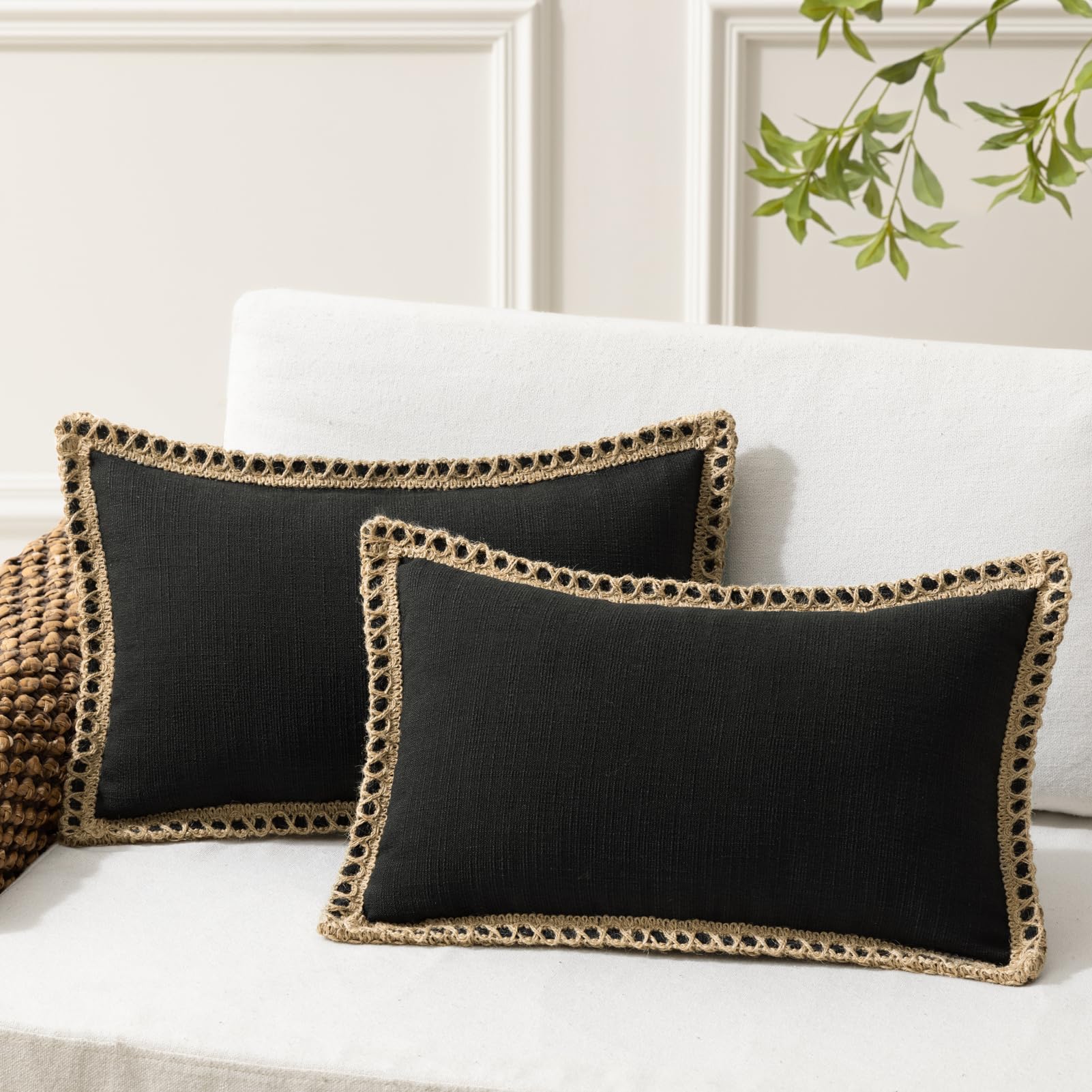 Phantoscope Pack Of 2 Farmhouse Decorative Solid Pillow Cover Burlap Linen Trimmed Tailored Edges, Black, 12 X 20 Inches, 30 X 50 Cm