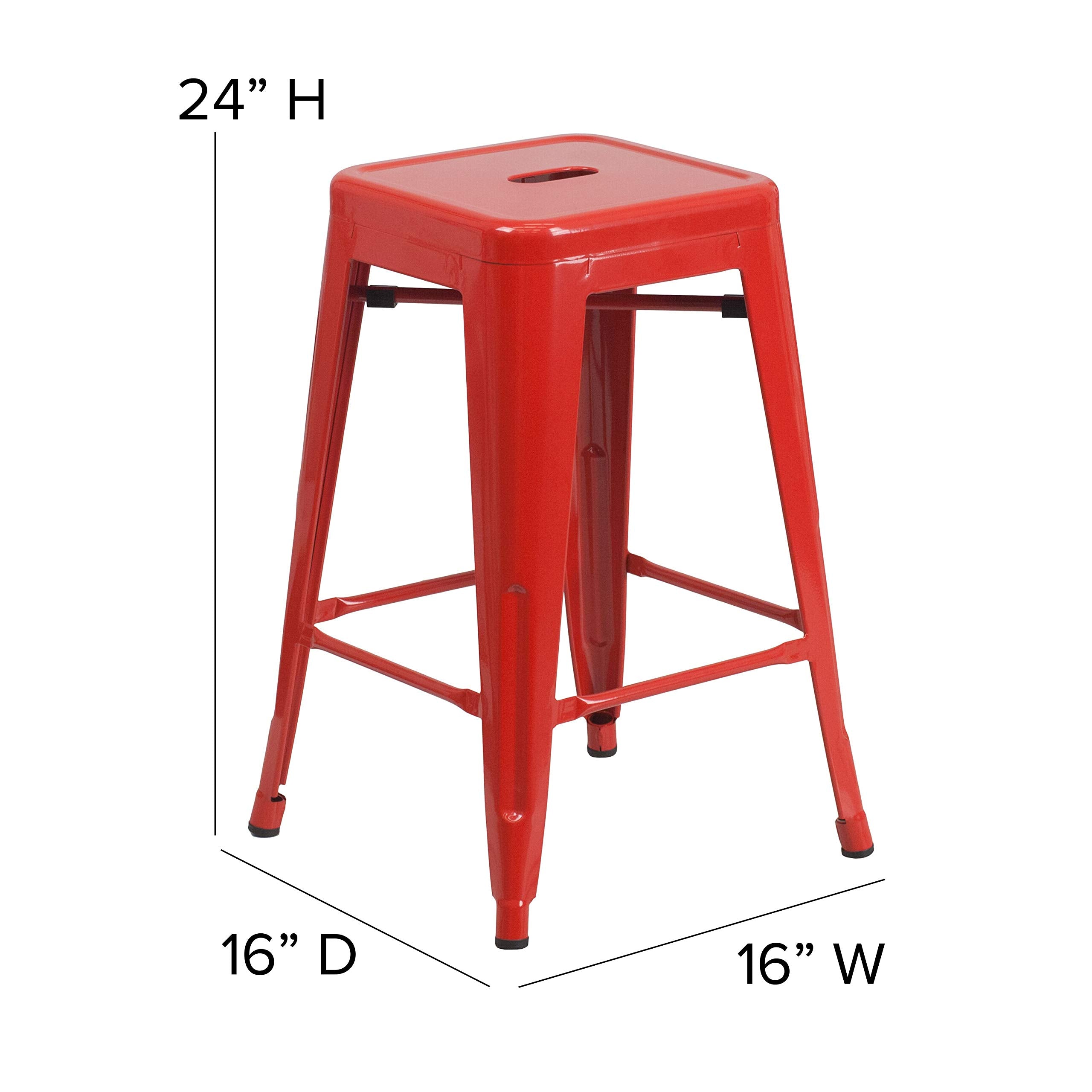 Flash Furniture Kai Commercial Grade 24&quot; High Backless Red Metal Indoor-Outdoor Counter Height Stool With Square Seat